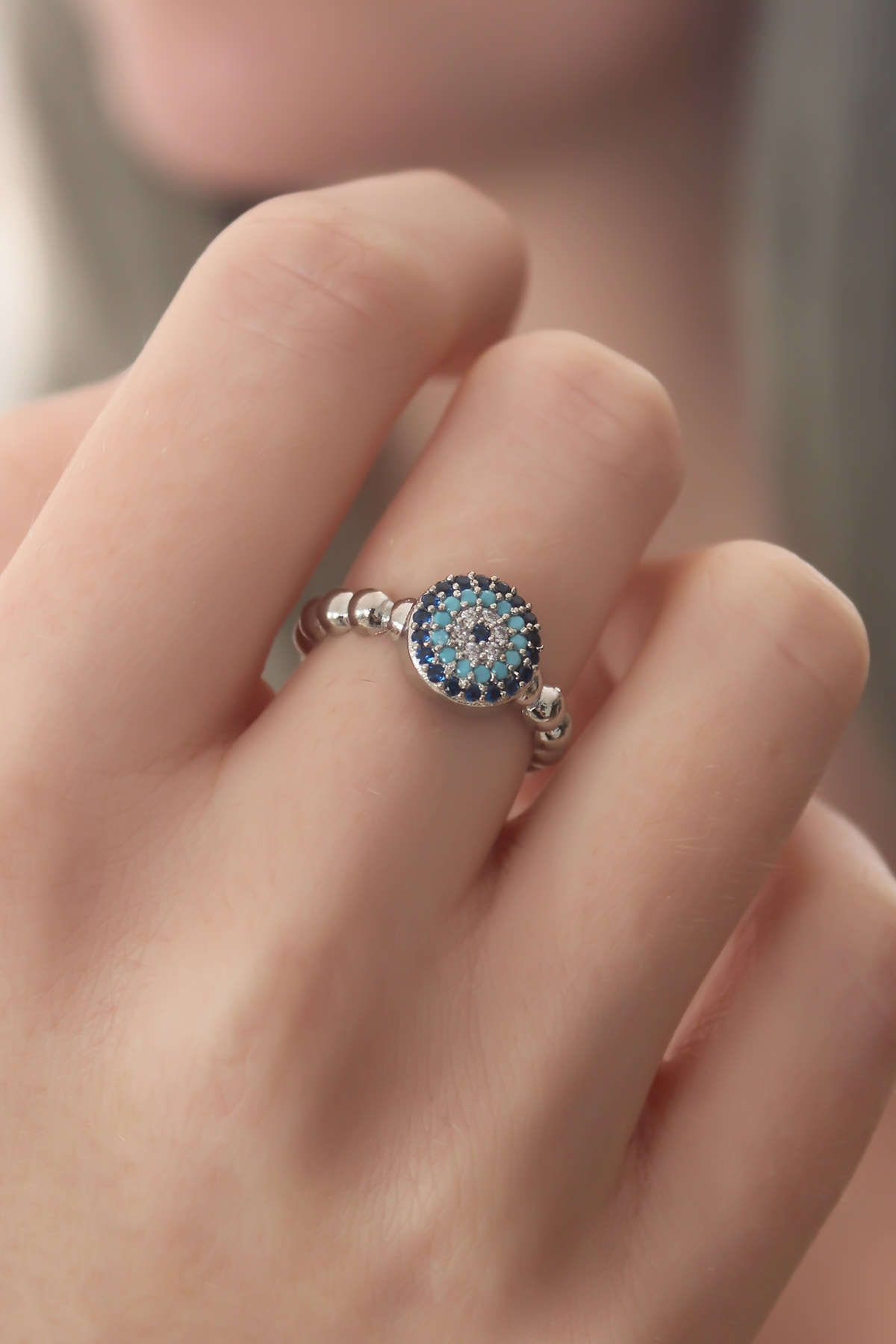 Silver Color Nazar Bead Figure Zirconia Stone Detail Women Ring