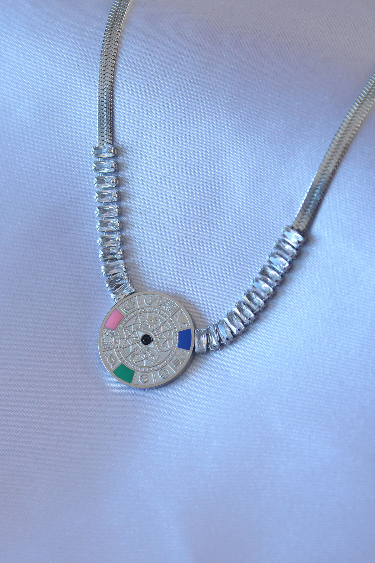 316L Steel Silver Color Zirconia Stone Italian Chain Bushing Rework Medallion Model Female Pendant