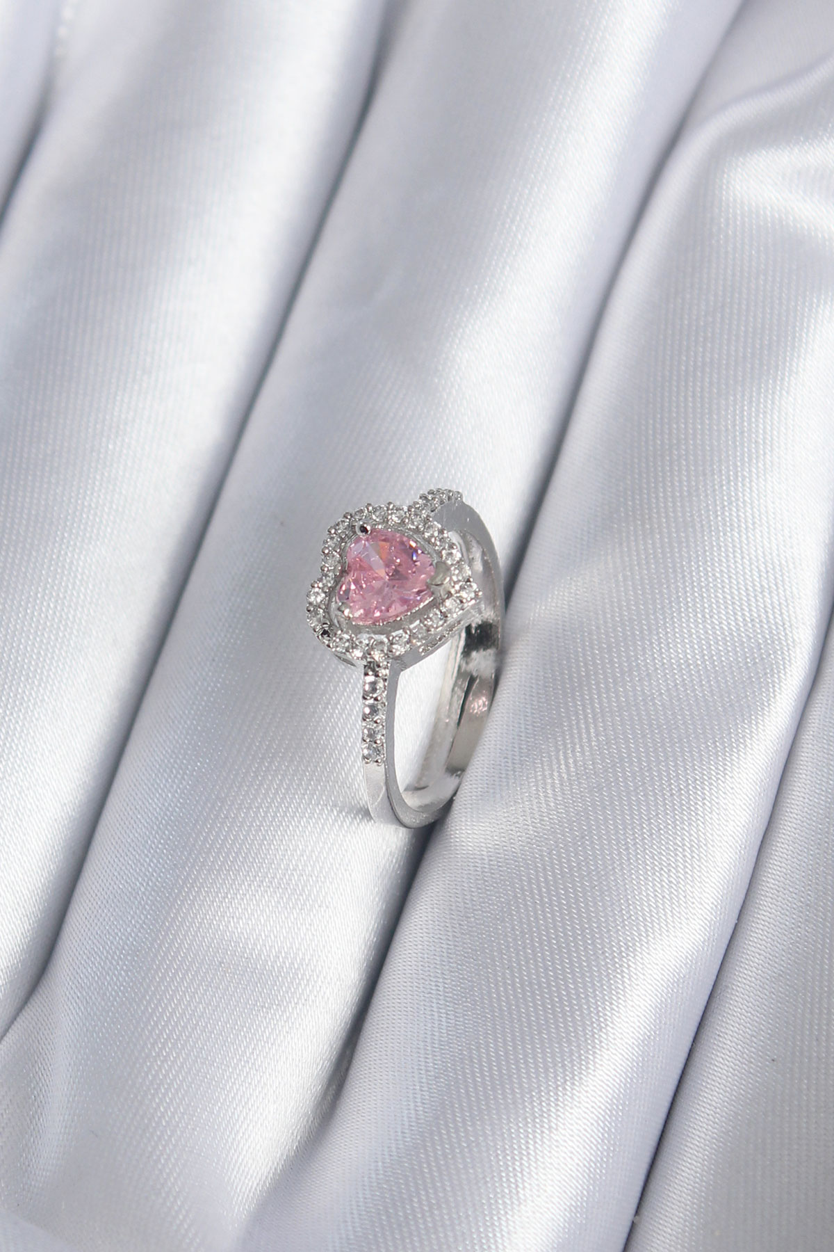 Brass Silver Color Pink Zirconia Stone Heart Charm Model Female Ring