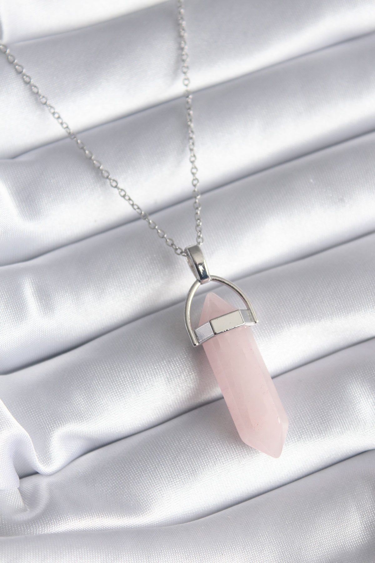 316L Steel Silver Color Pink Stone Women Necklace