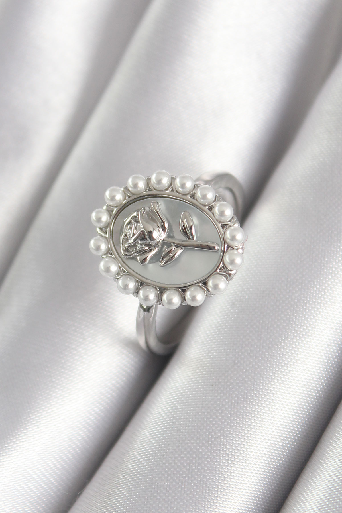 Brass Silver Color Portrait Rose Model Pearl Detail Women Ring