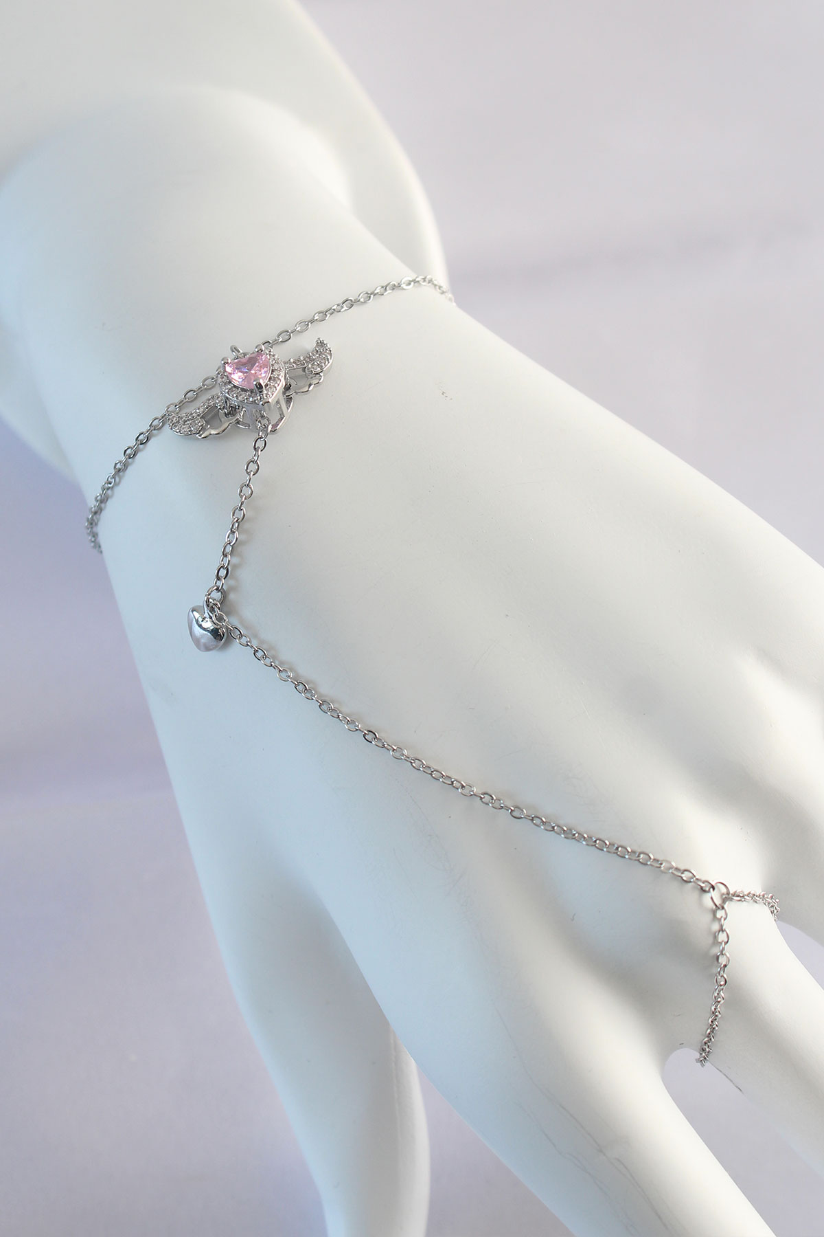 316L Steel Silver Color Pink Zirconia Stone Wing Heart Model Şahmeran