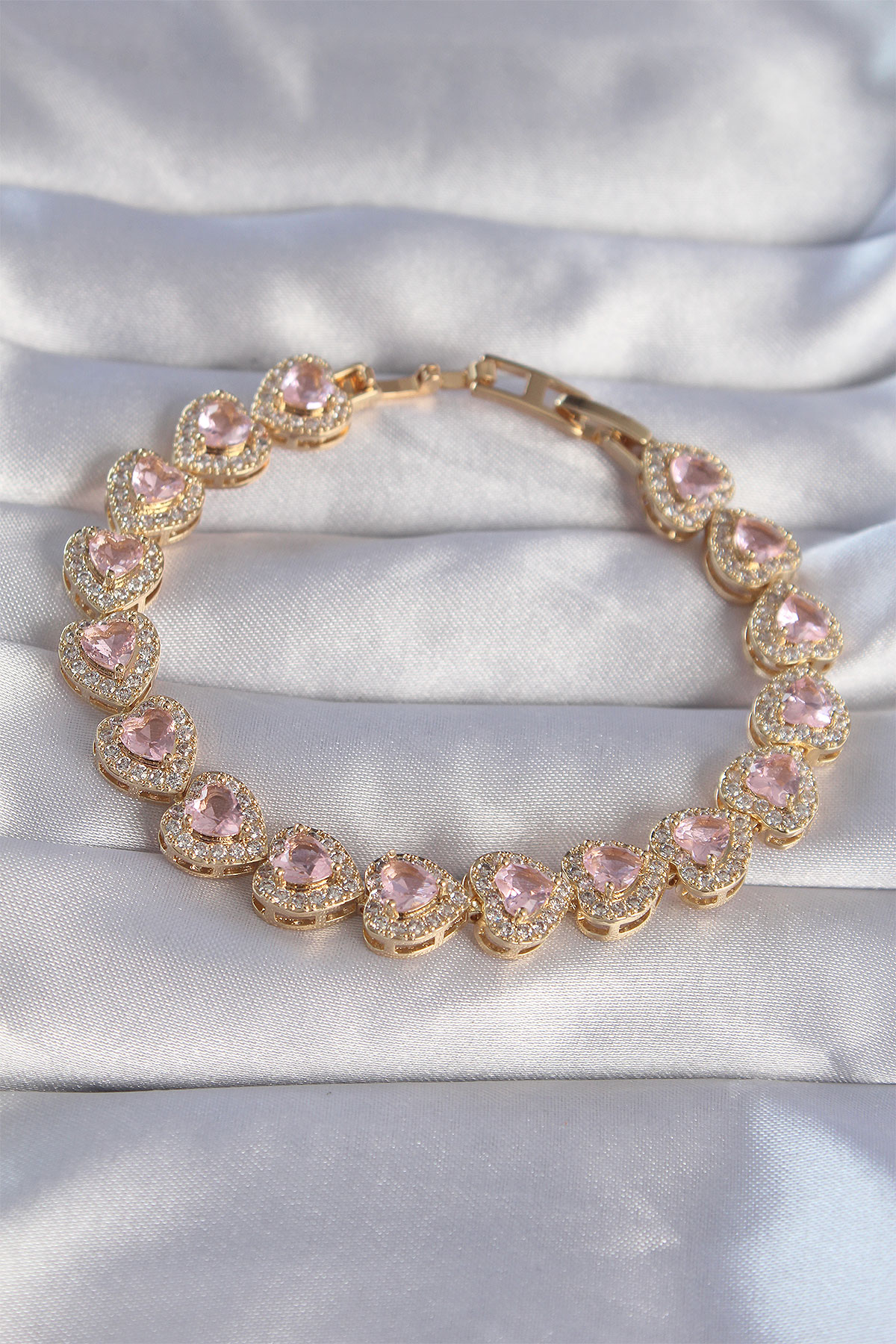 Vip Series Brass Gold Color Pink Zirconia Stone Heart Design Bracelet