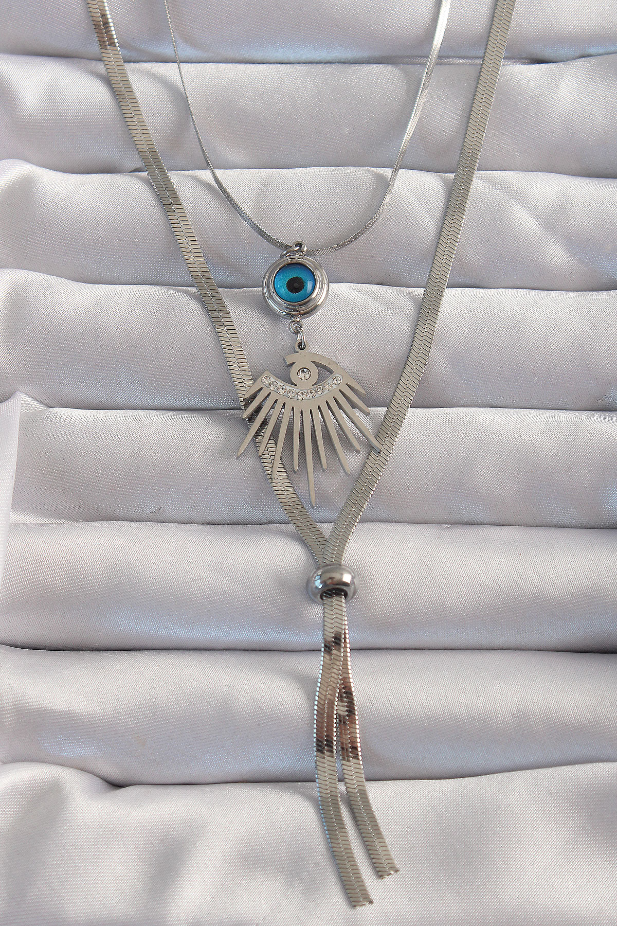 316L Steel Silver Color Zircon Stone Eye Detail Poor Long Elevator Model Necklace