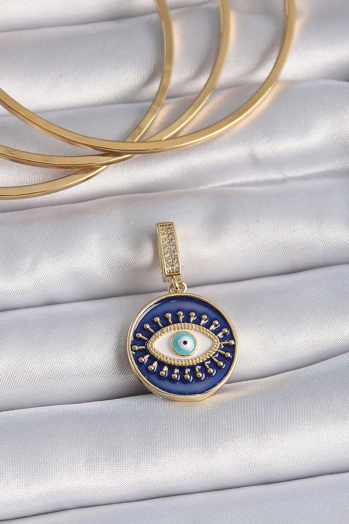 Brass Gold Color Zircon Stone Nazar Beads Detailed Eye Embroidered Ajda Charm