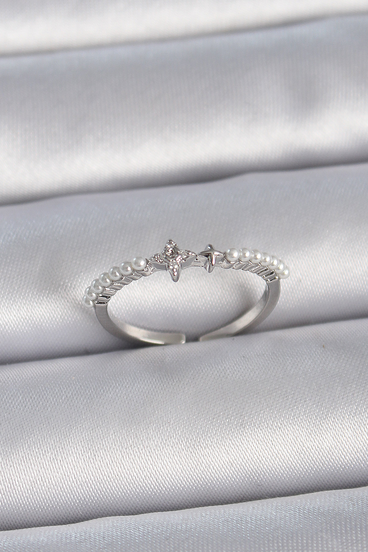 Brass Silver Color Zircon Stone Inline Pearl Adjustable Model Female Ring