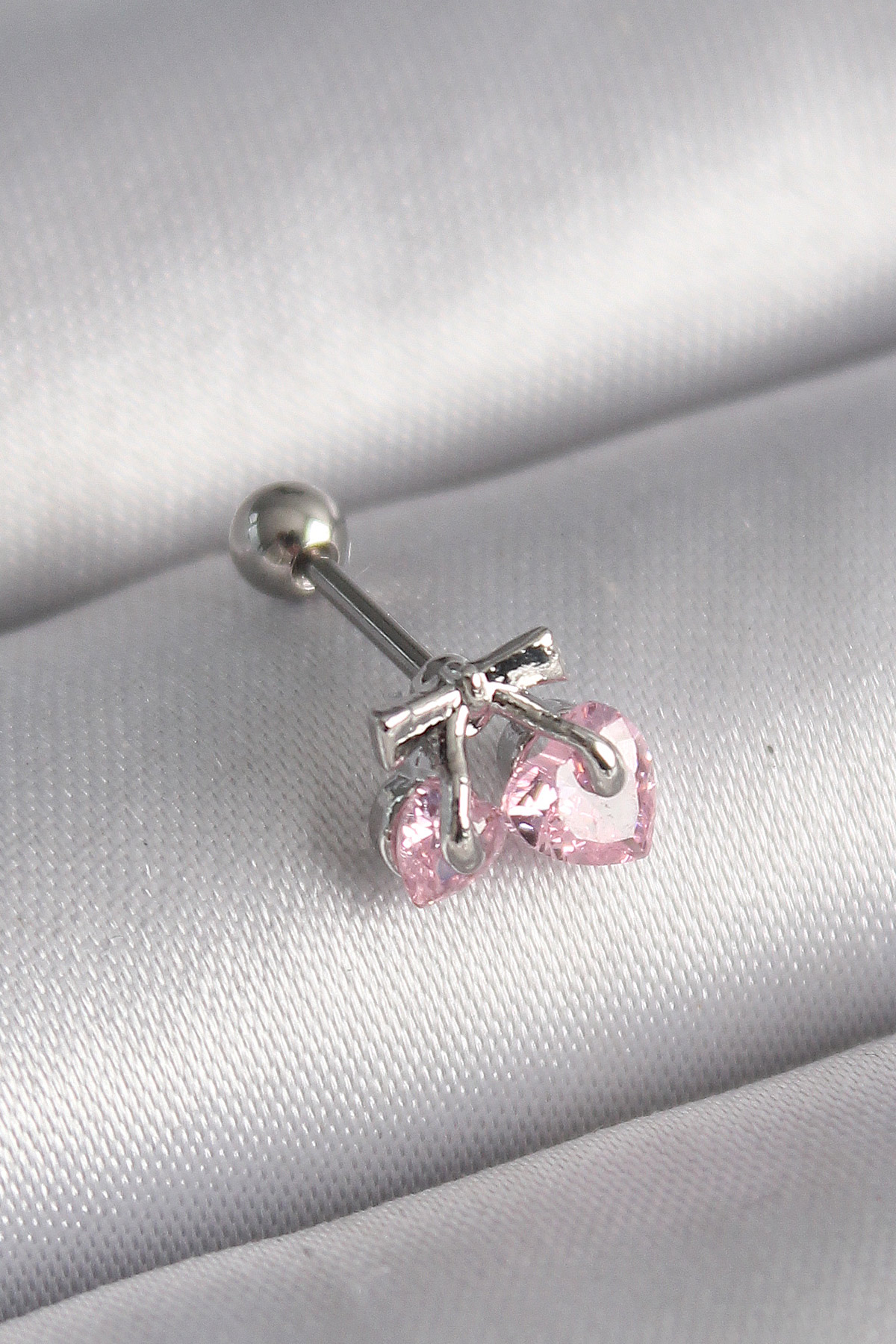 316L Steel Silver Color Pink Zirconia Stone Heart Tragus Piercing