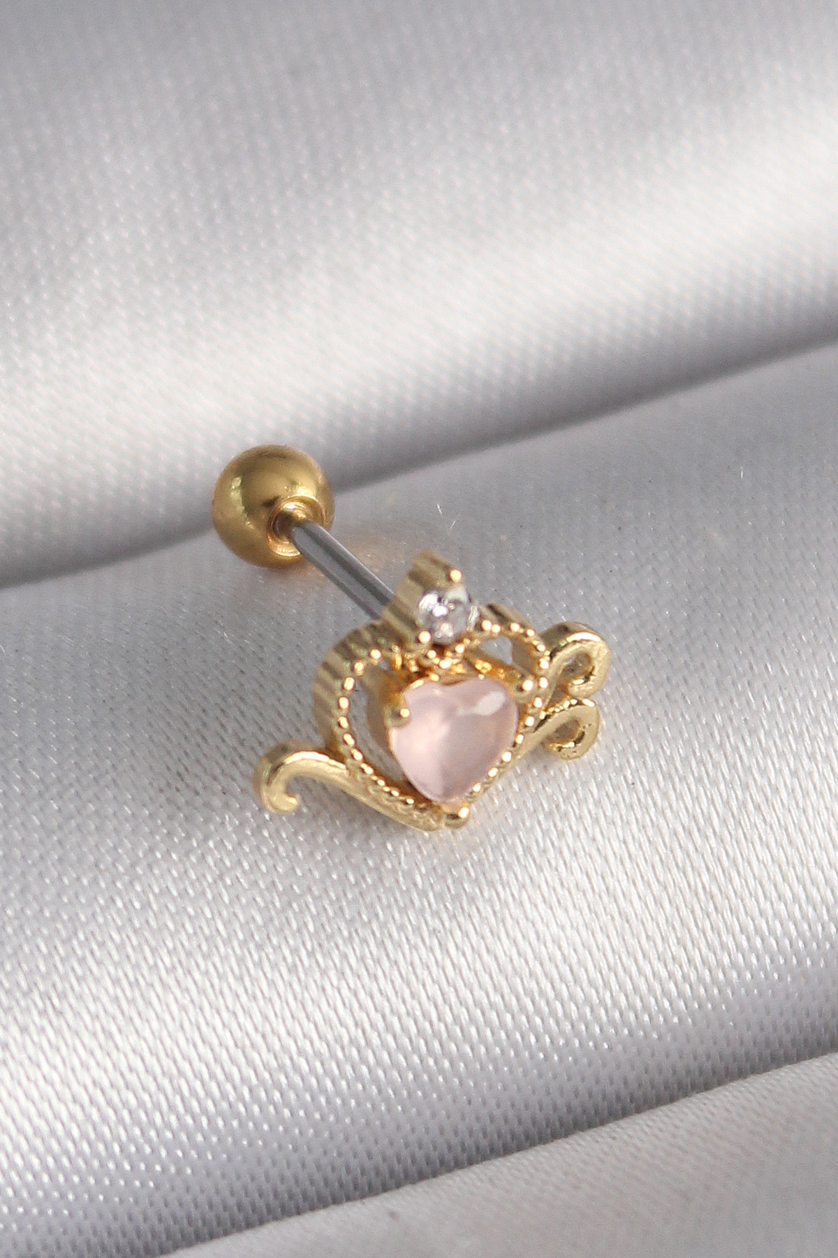 316L Steel Gold Color Pink Mine Heart Zirconia Stone Detail Tragus Piercing