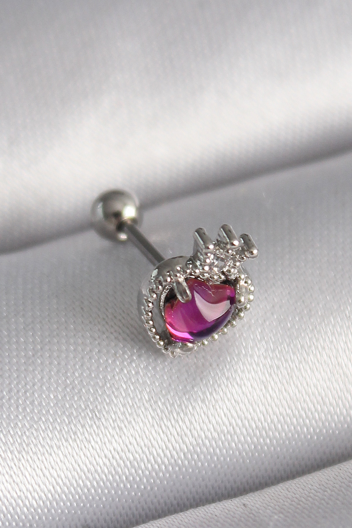 316L Steel Silver Color Pink Mine Heart Zirconia Stone Detailed Crown Tragus Piercing