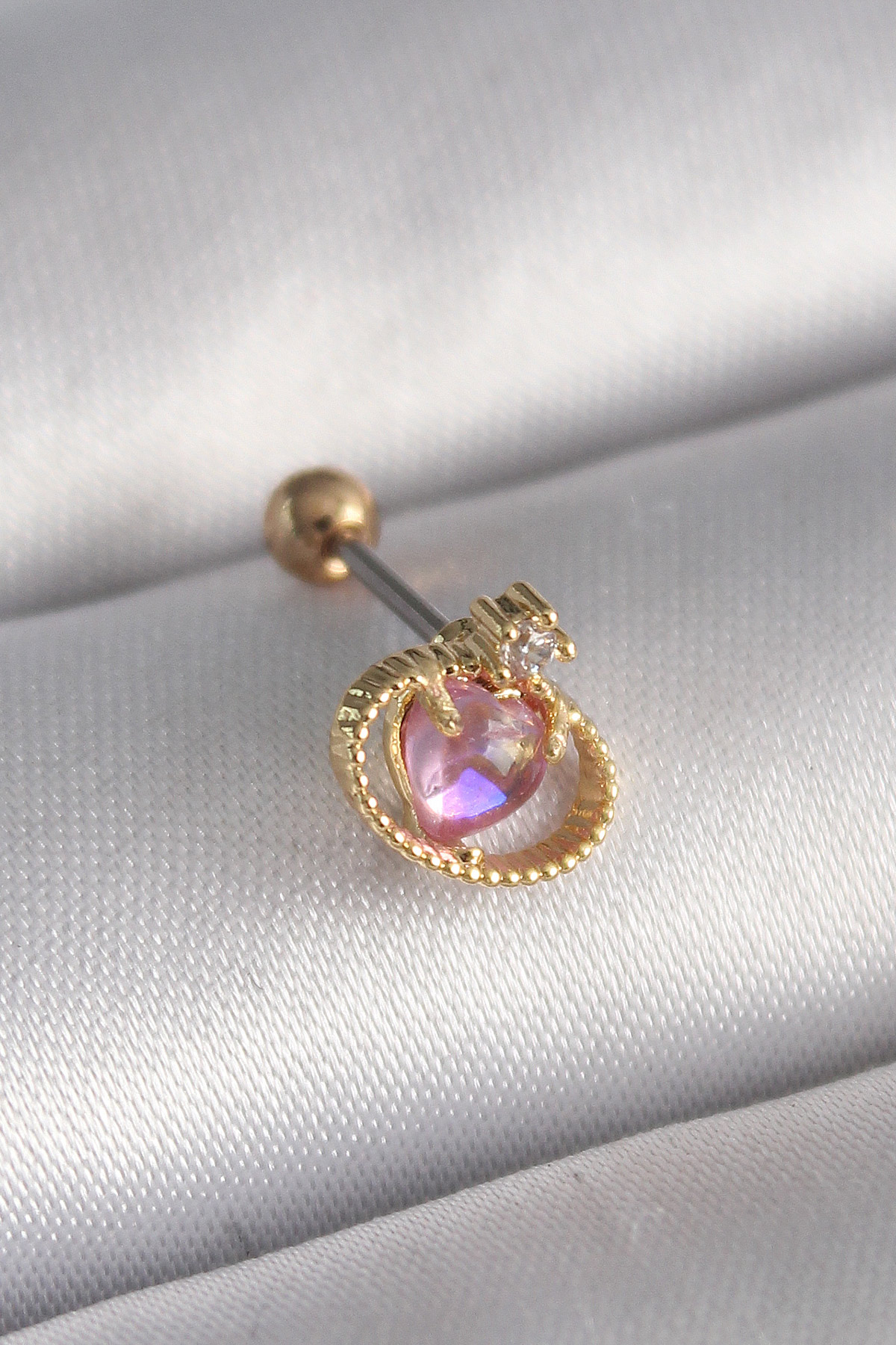 316L Steel Gold Color Pink Mine Heart Zirconia Stone Detail Tragus Piercing