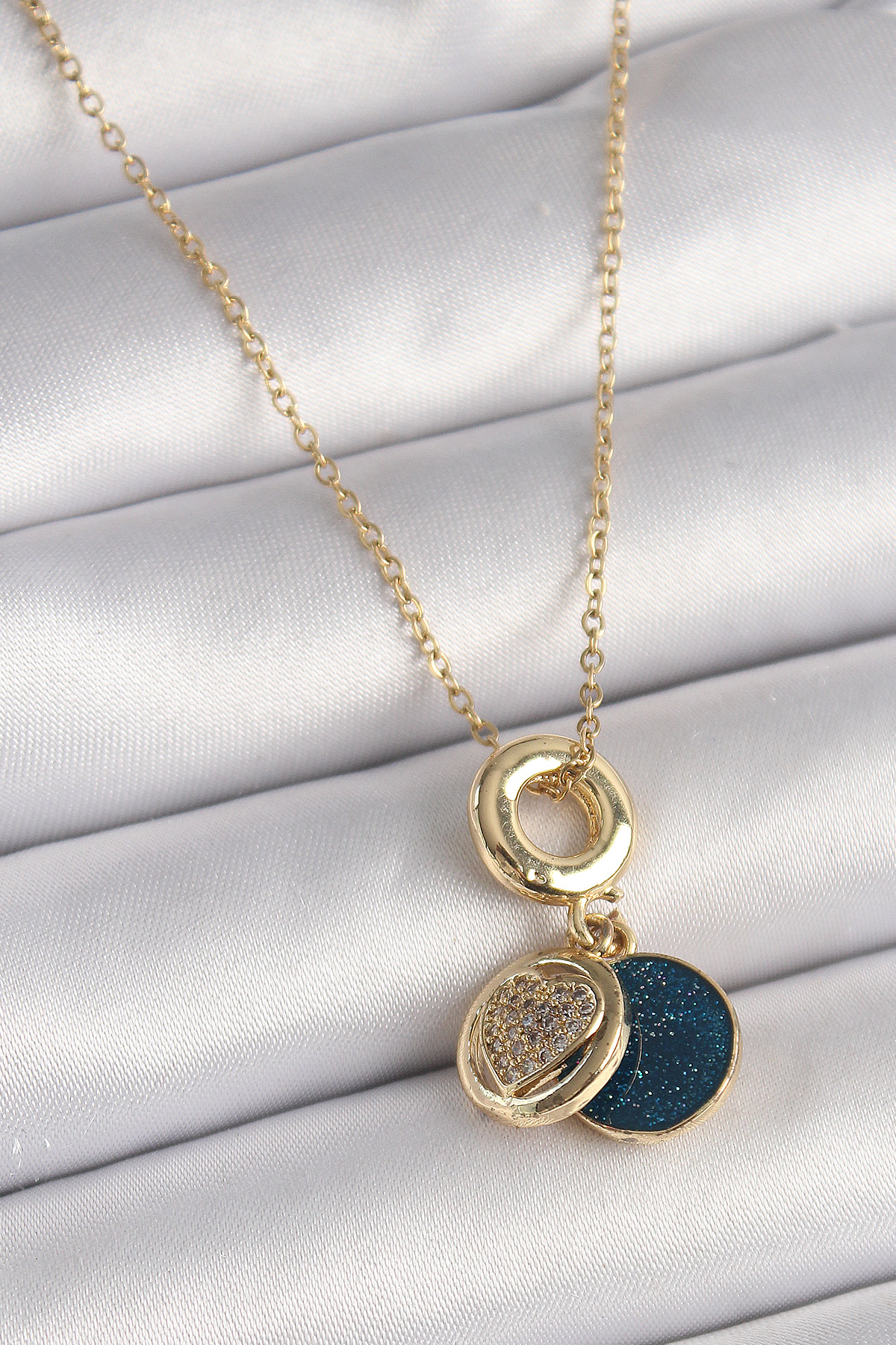 316L Steel Gold Color Chain Zirconia Stone Heart Model Blue Simli Female Pendant