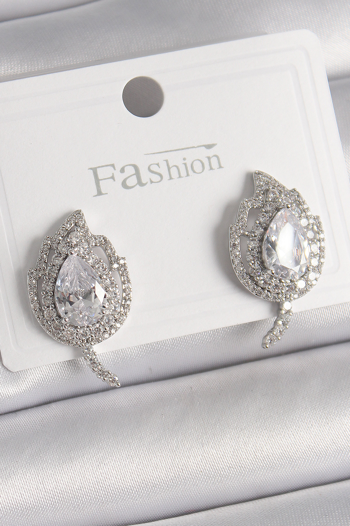 Brass Silver Color Zirconia Stone Leaf Model Female Earrings