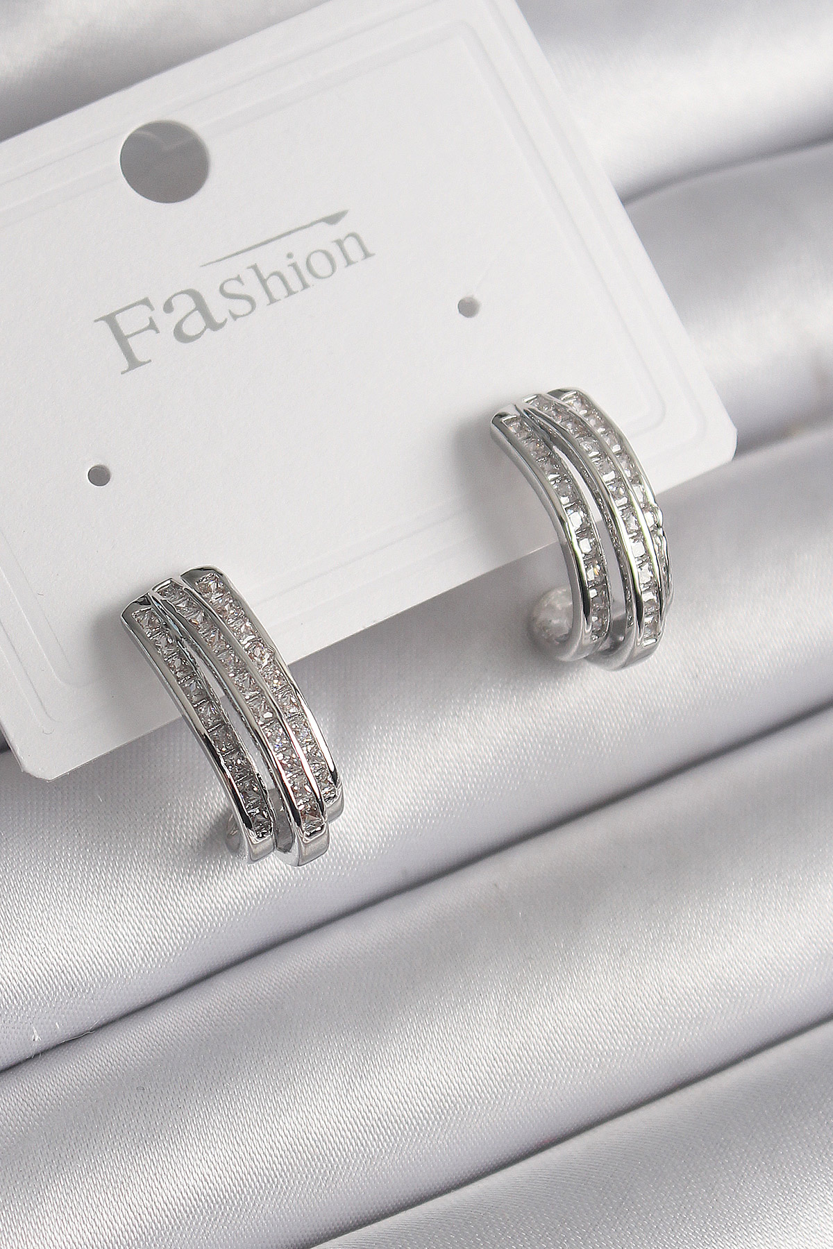Brass Silver Color Zirconia Stone Half Ring Model Female Earrings