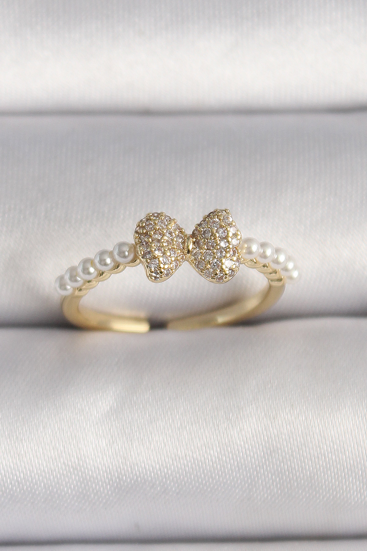 Brass Gold Color Zircon Stone Fionk Pearl Detail Adjustable Ring