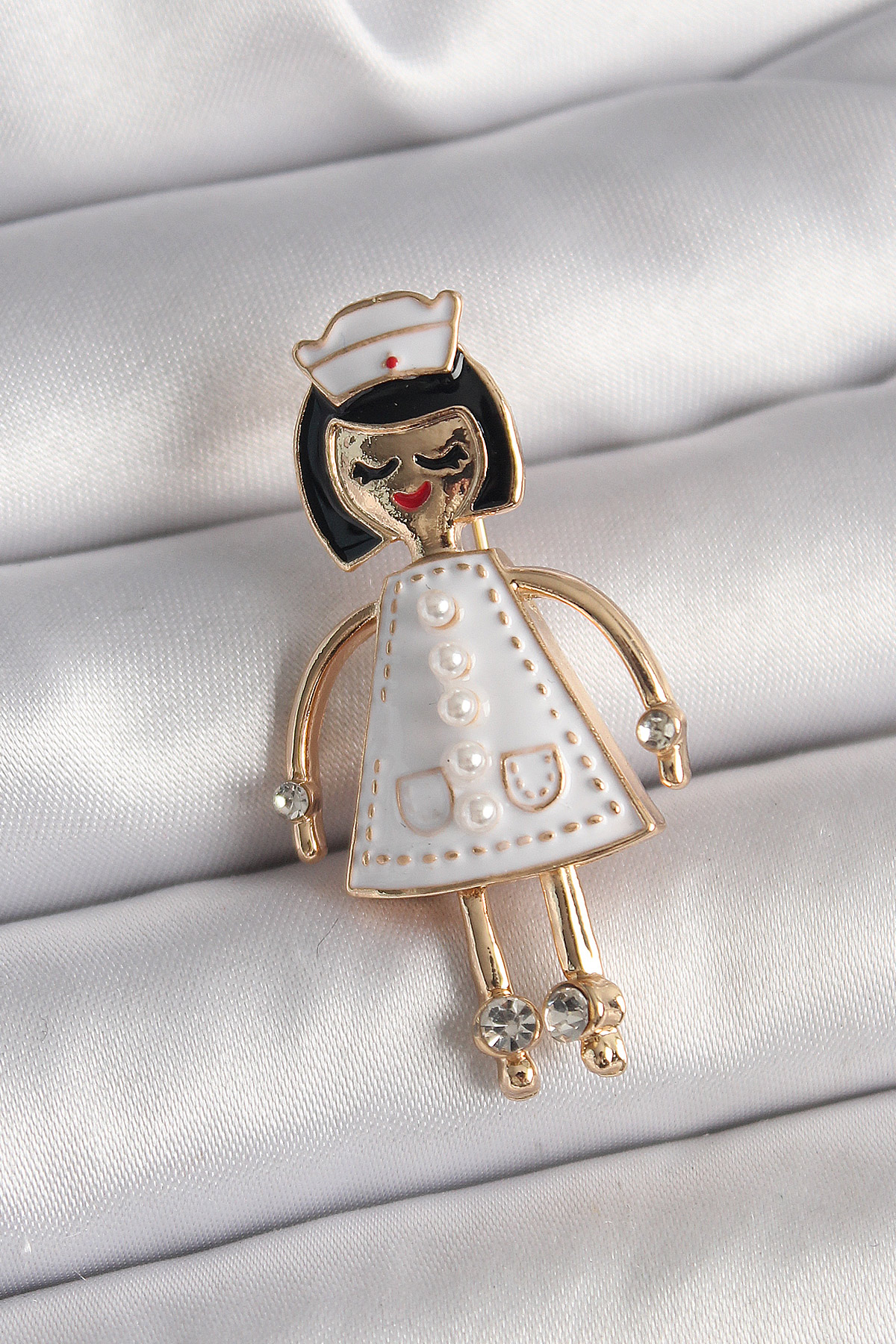 Brass Gold Color Nurse Model Pearl Zirconia Stone Detail Women Brooch
