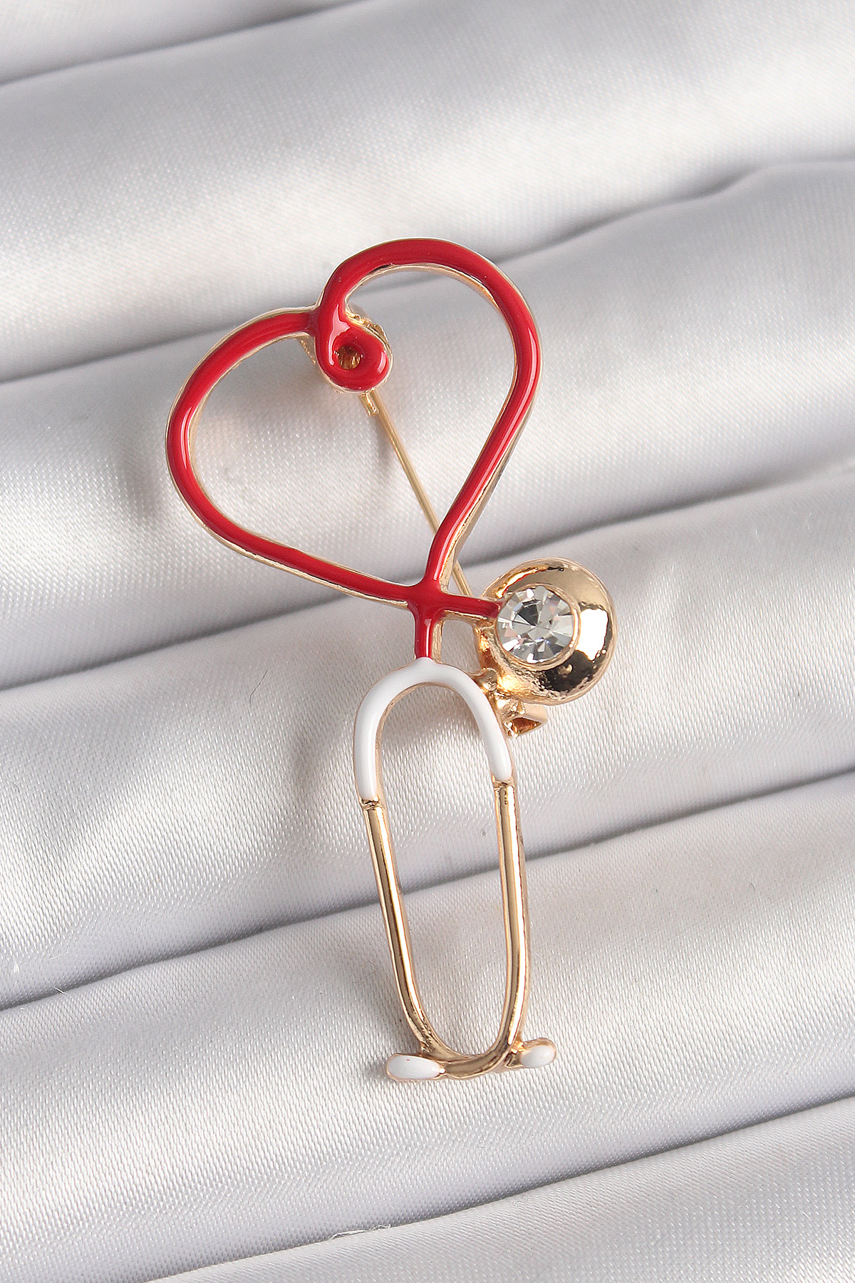 Brass Gold Color Red Stetescope Model Zirconia Stone Detail Female Brooch