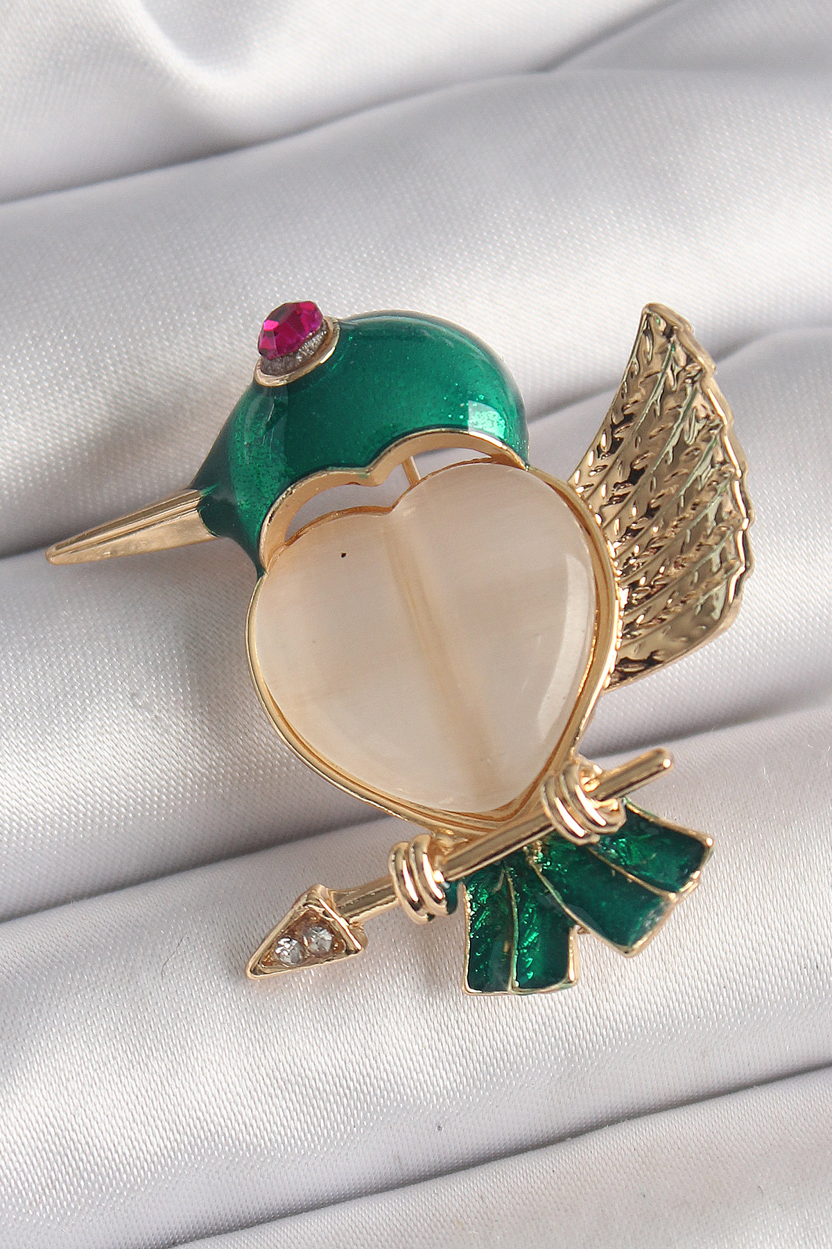 Brass Gold Color White Mine Heart Green Fly Bird Model Pink Zirconia Stone Detail Women Brooch