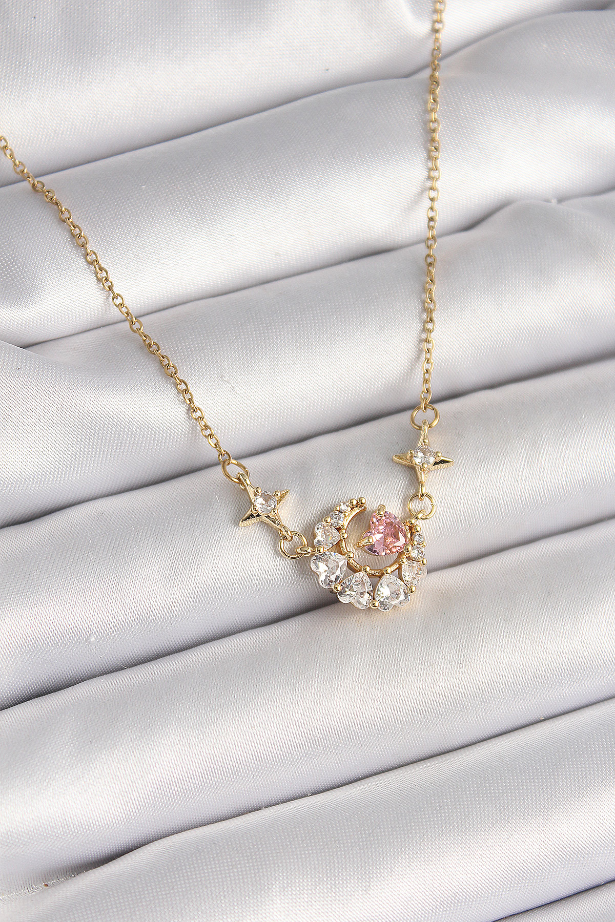 316L Steel Gold Color Zircon Stone Hilal Pink Heart Model Women Necklace