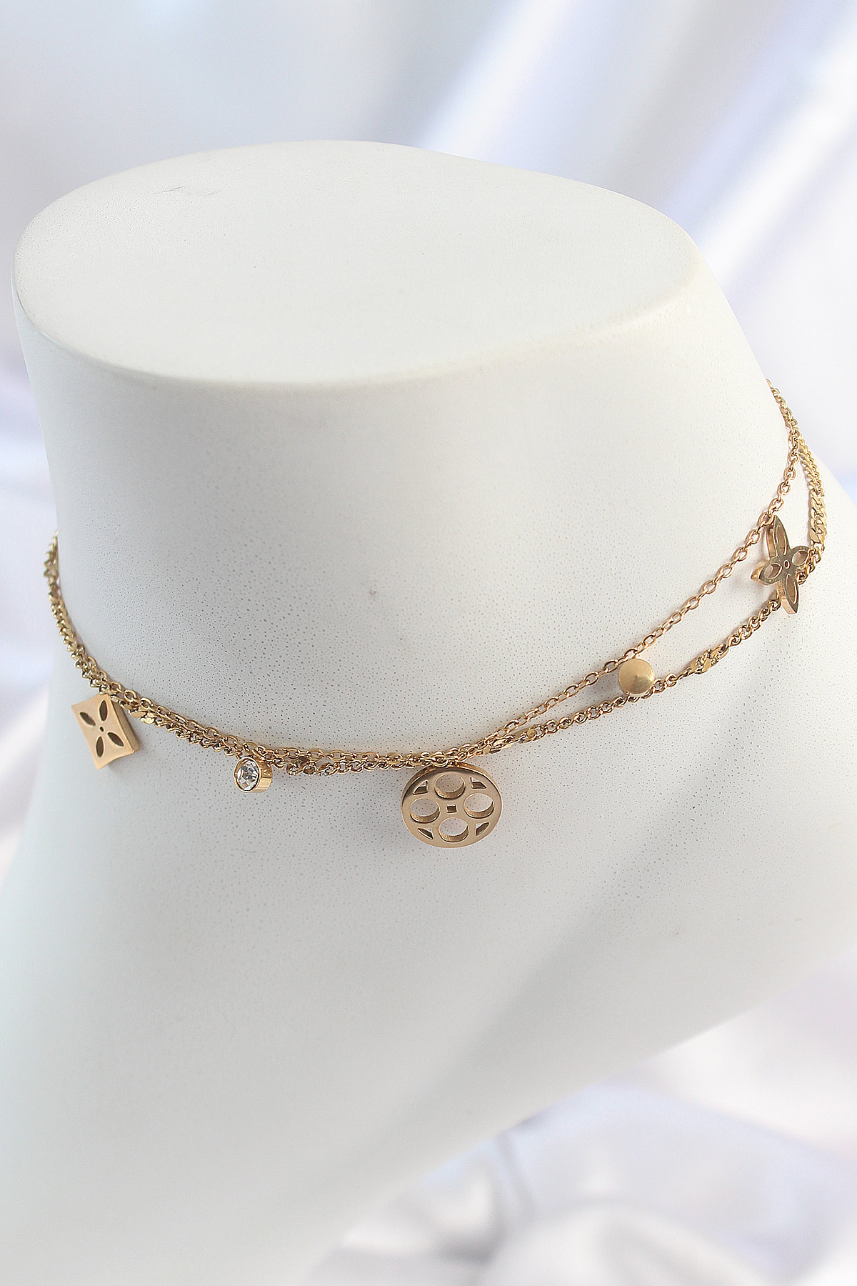 316L Steel Gold Color 2'Li Chain Dream Cap Figure Zirconia Stone Detail Women Halhal