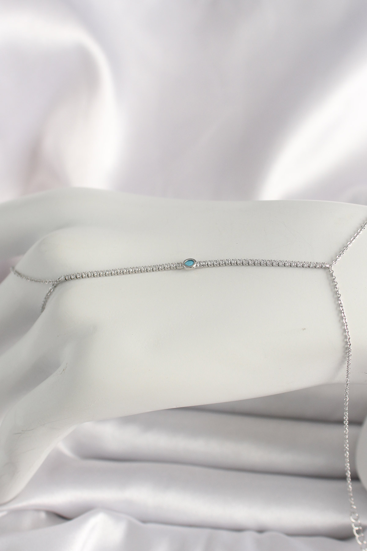 Brass Silver Color Water Way Zirconia Stone Blue Stone Detailed Female Şahmeran