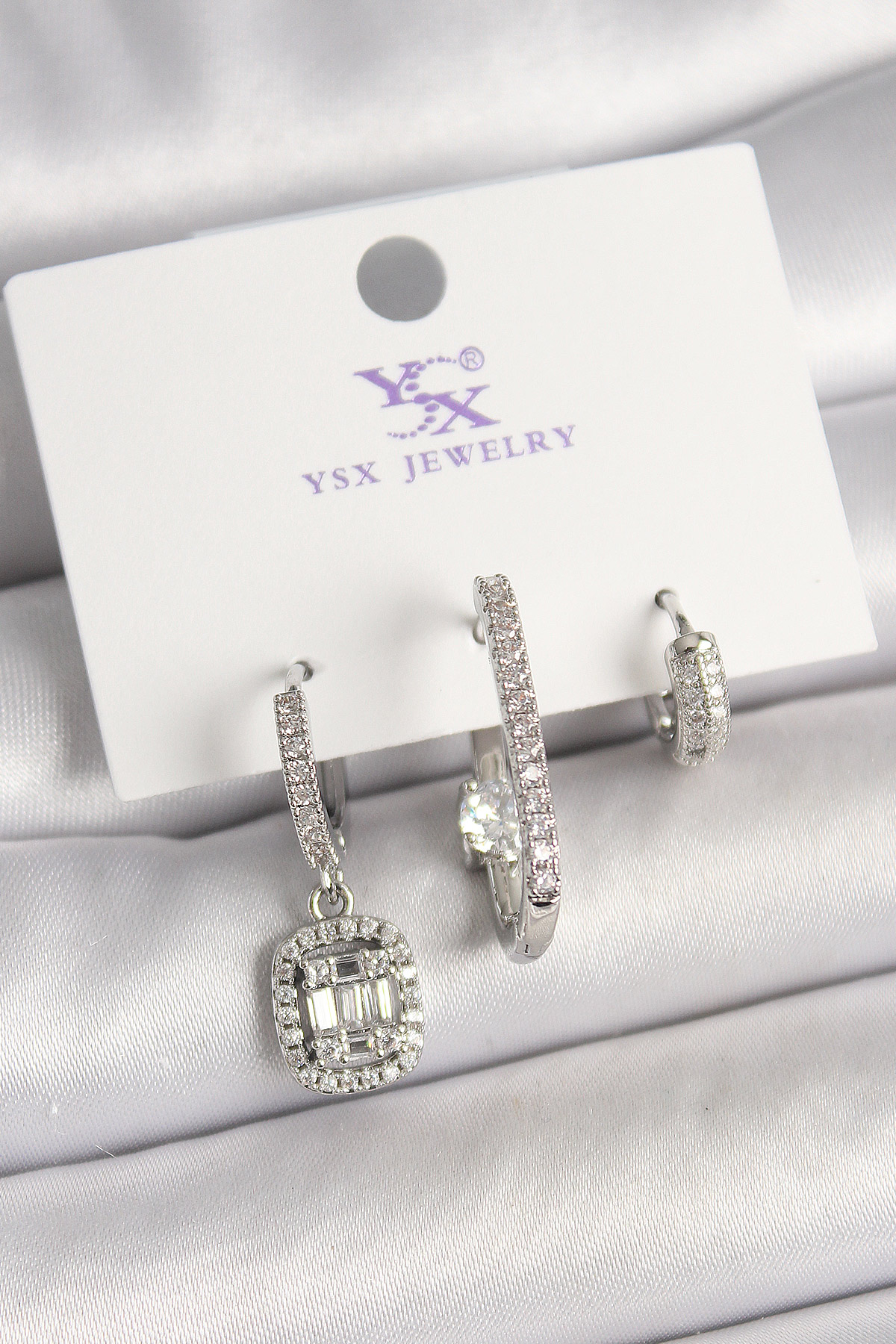 Brass Silver Color Zircon Stone Baget Ring Model 3'L Female Kombin Earrings