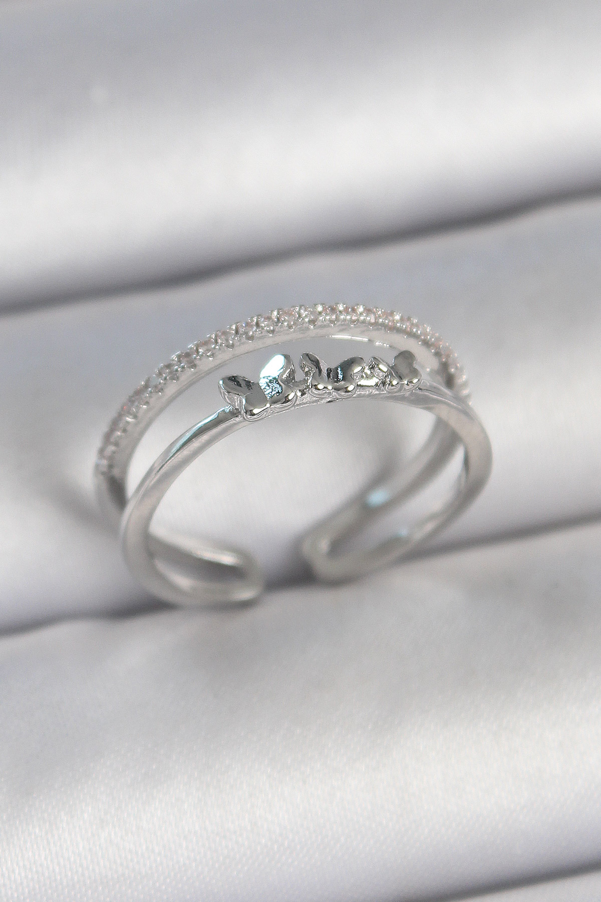 Brass Silver Color 2'Li Zircon Stone Detailed Butterfly Figure Adjustable Model Female Ring