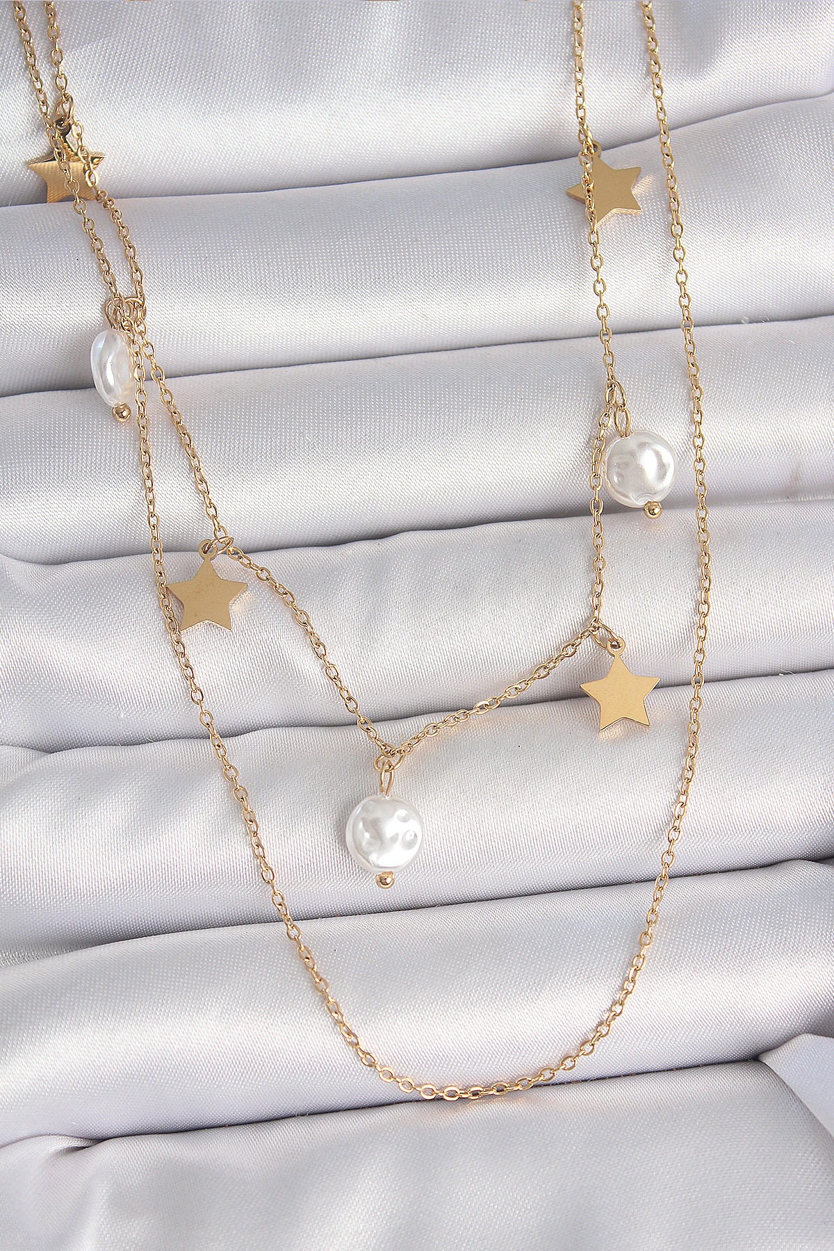 316L Steel Gold Color 2'Li Chain Penetration Star Pearl Model Female Pendant
