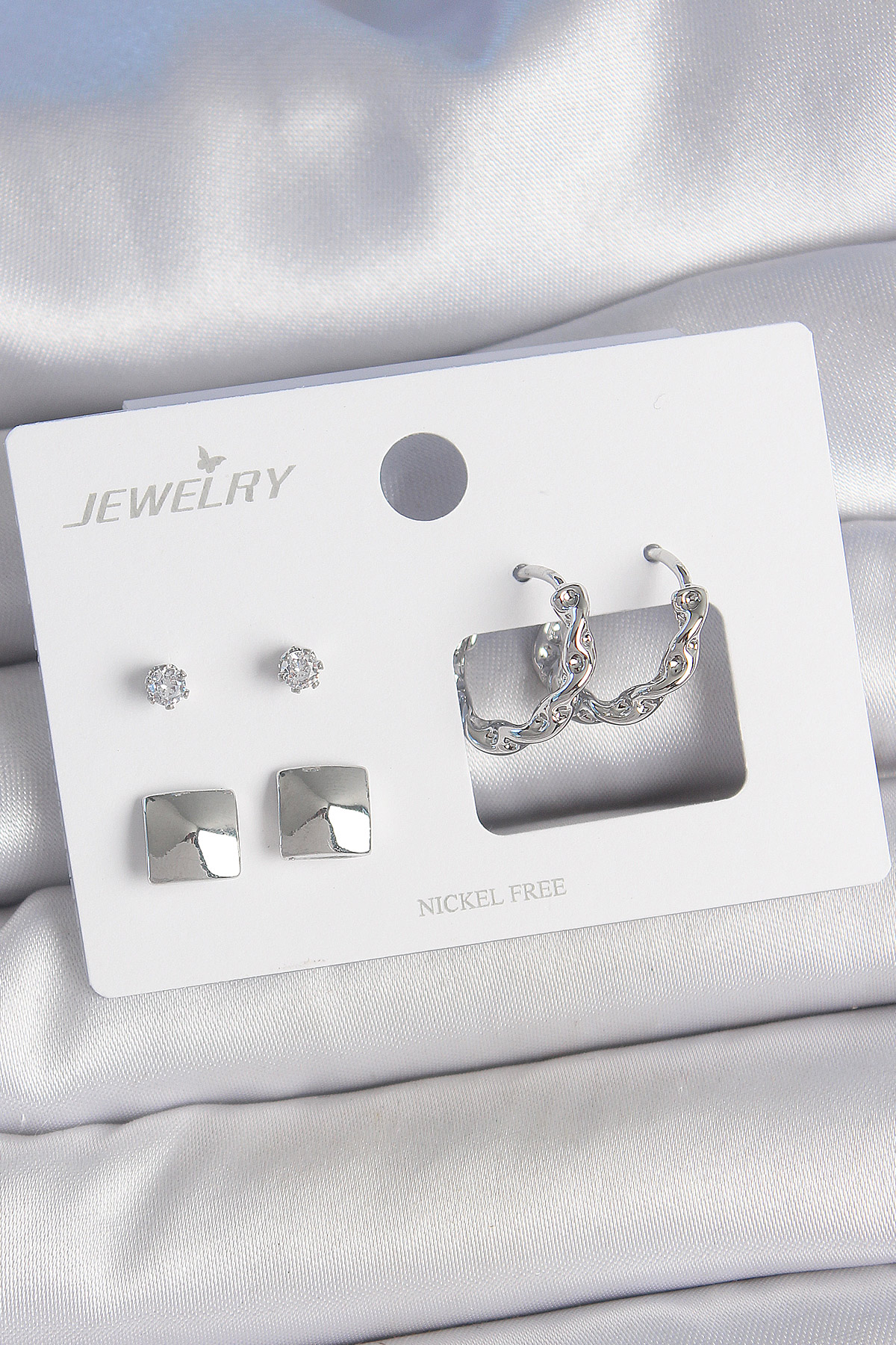 Brass Silver Color Zircon Stone Burgu Ring Model Square Detail 3 Double Female Earrings Set