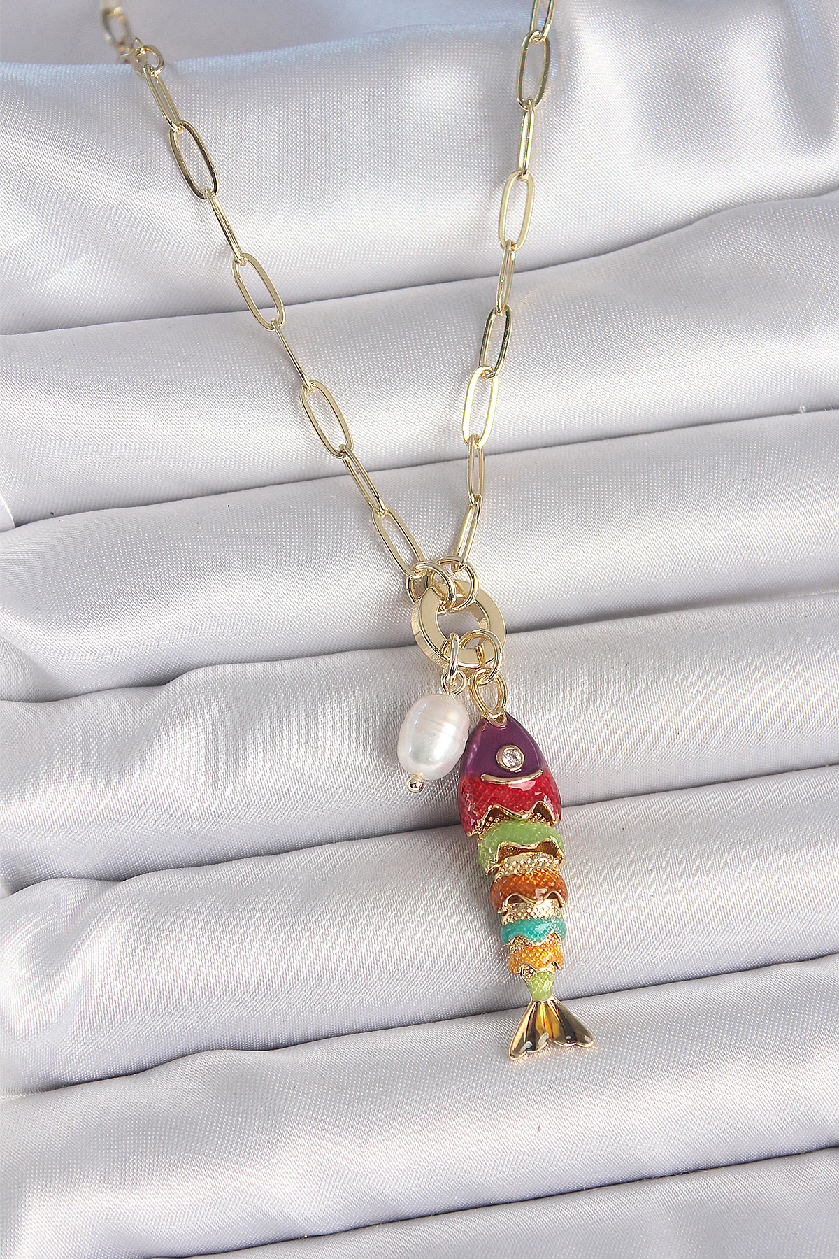 Pearl Detailed Zircon Stone Rainbow Fish Figure Gold Color Rice Necklace