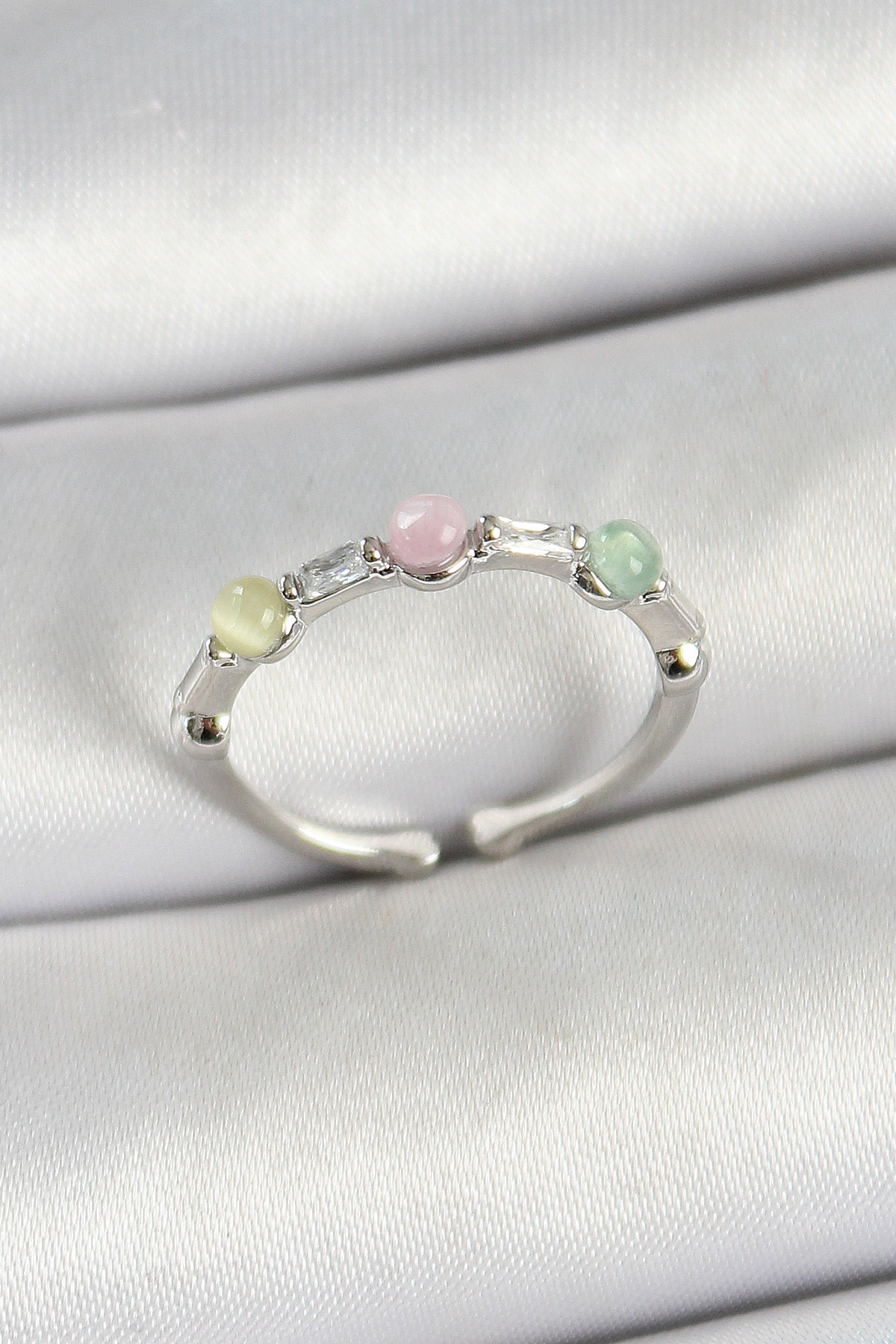 Brass Inline Bead Figure Zircon Stone Silver Color Adjustable Female Ring