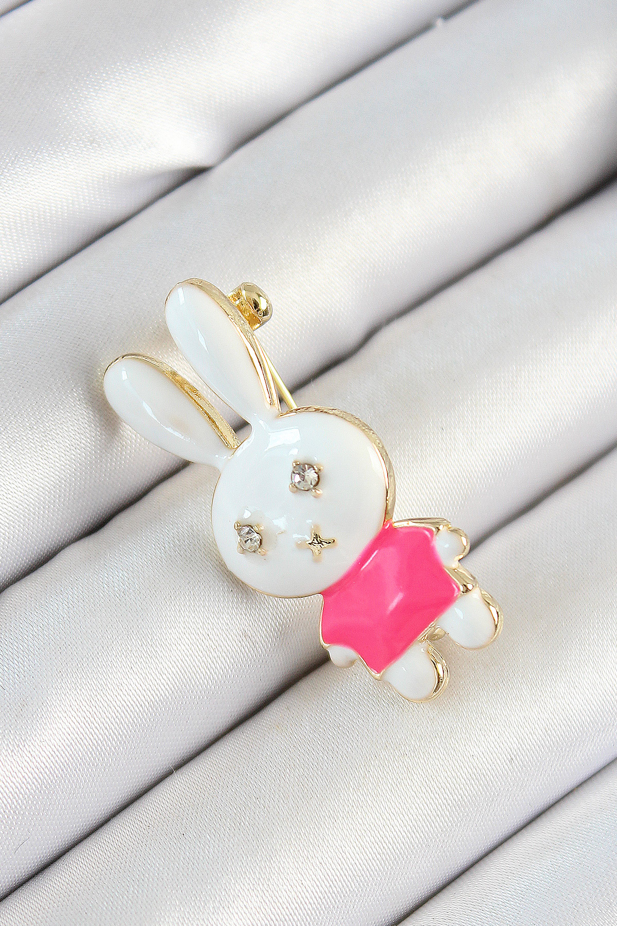 Zircon Stone Detailed White And Pink 3D Rabbit Figure Women Brooch