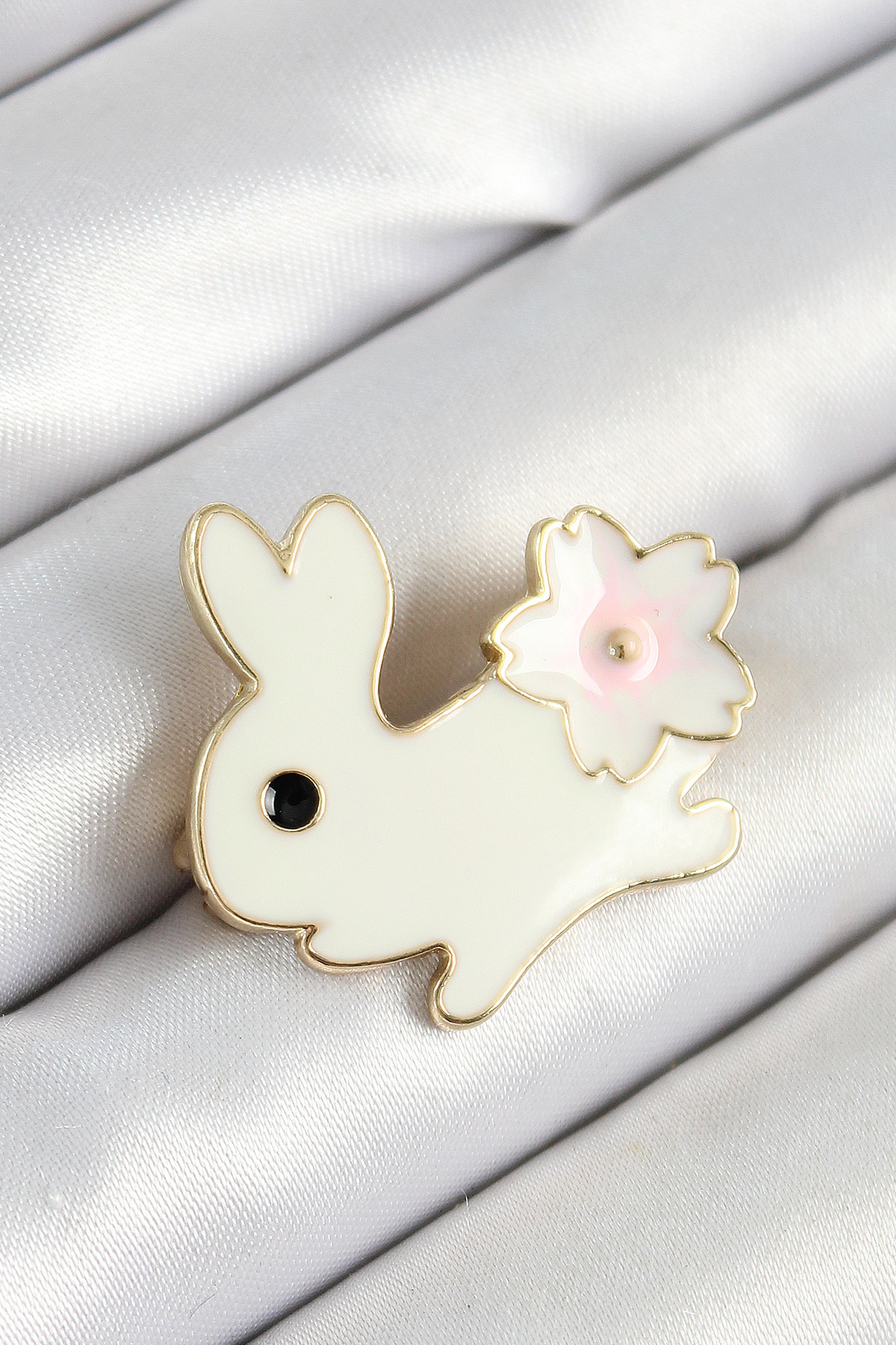 Mineli Flower Detailed Cream Rabbit Figure Gold Color Women Brooch