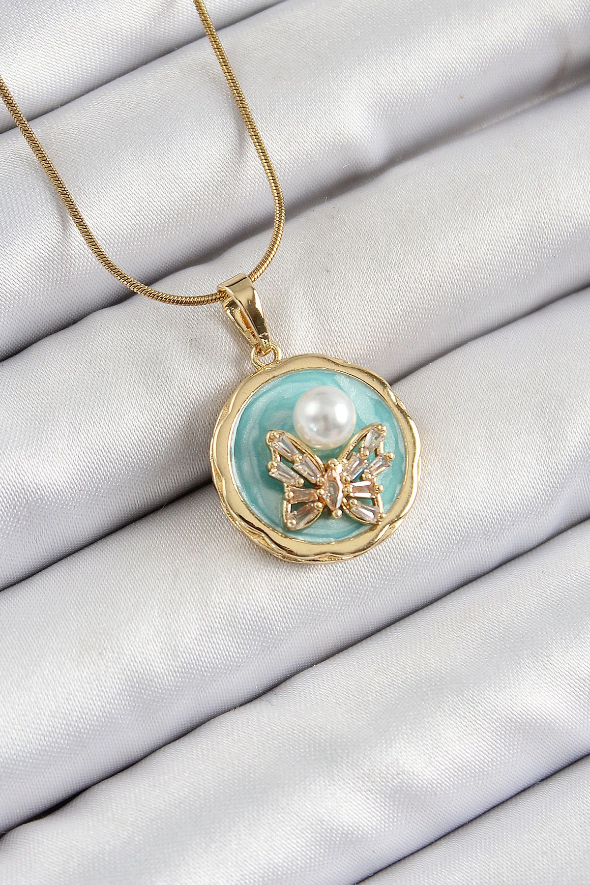316L Steel Chain Zirconia Stone Turkuaz Artistic Portrait Pearl Detailed Butterfly Model Gold Color Female Pendant
