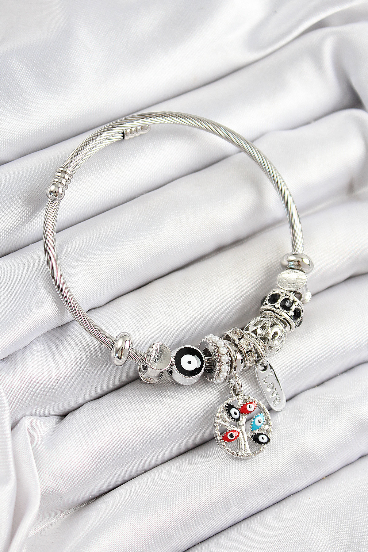 316L Steel Black Nazarlı Zircon Stone Pearl Detailed Life Tree Model Silver Color Charm Bracelet