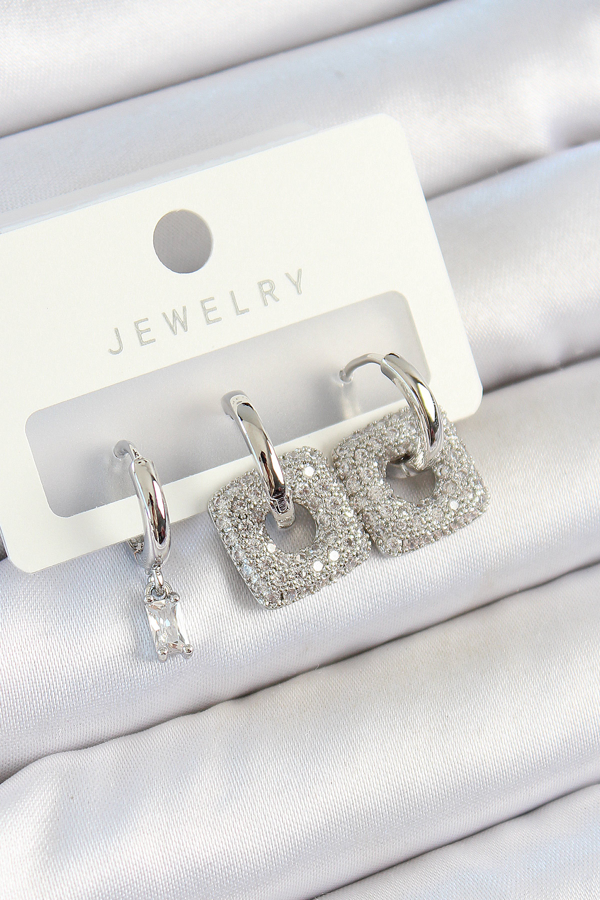 Brass Zircon Stone Square Model Silver Color Double Female Earrings Set With 3