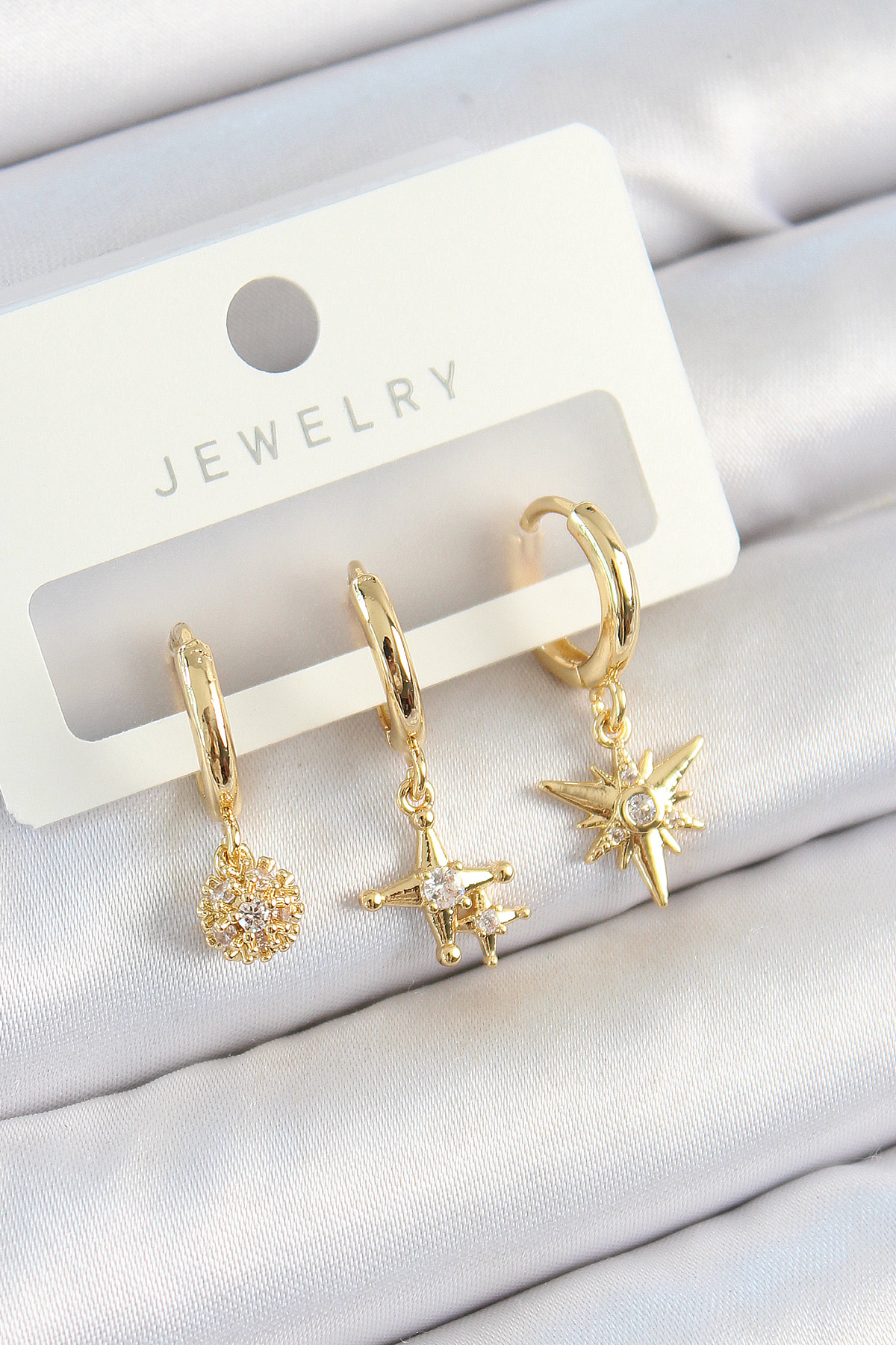 Brass Zircon Stone Star Model Gold Color 3 Double Female Earrings Set