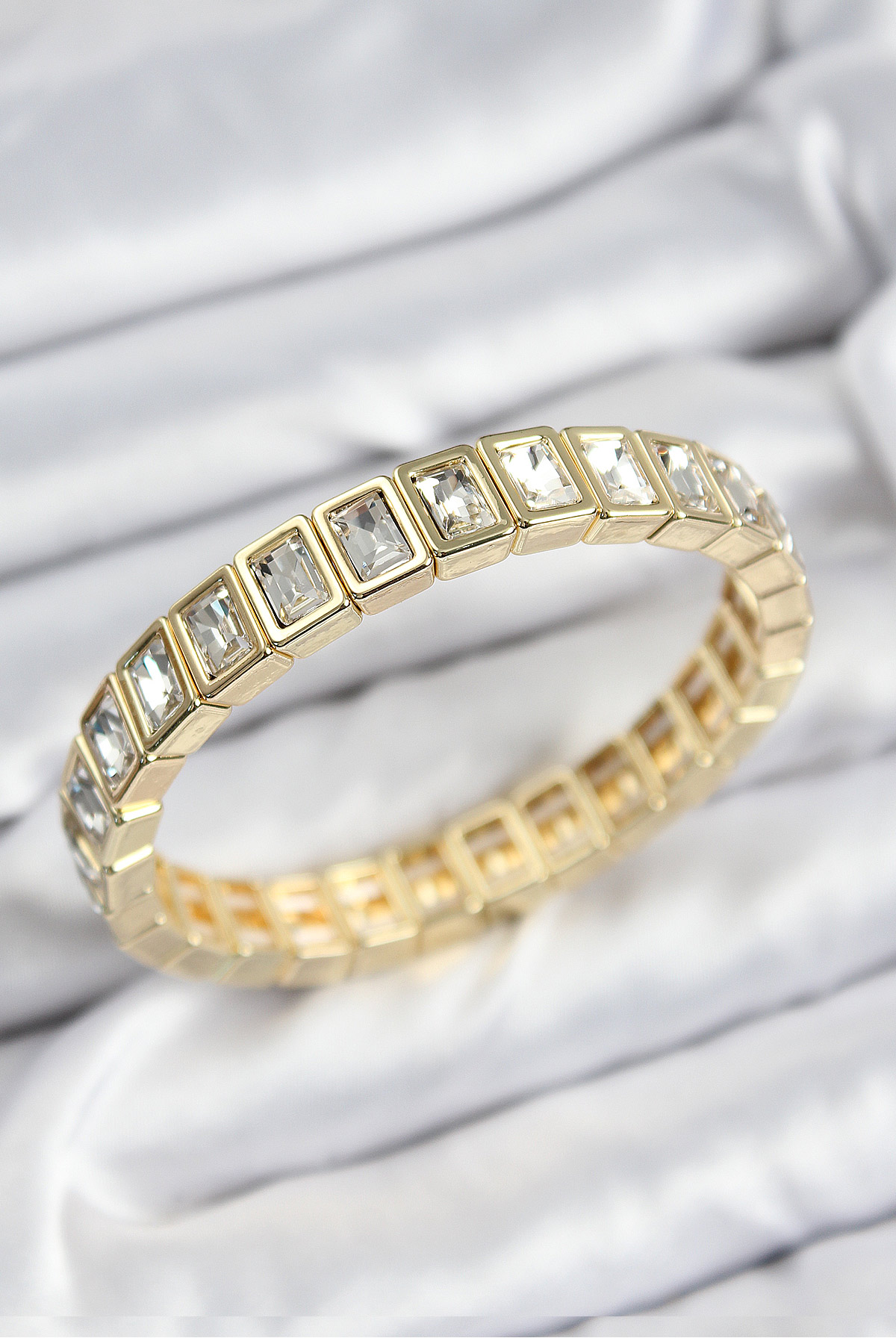 Brass Zircon Stone Rectangular Model Gold Color Elastic Female Bracelet
