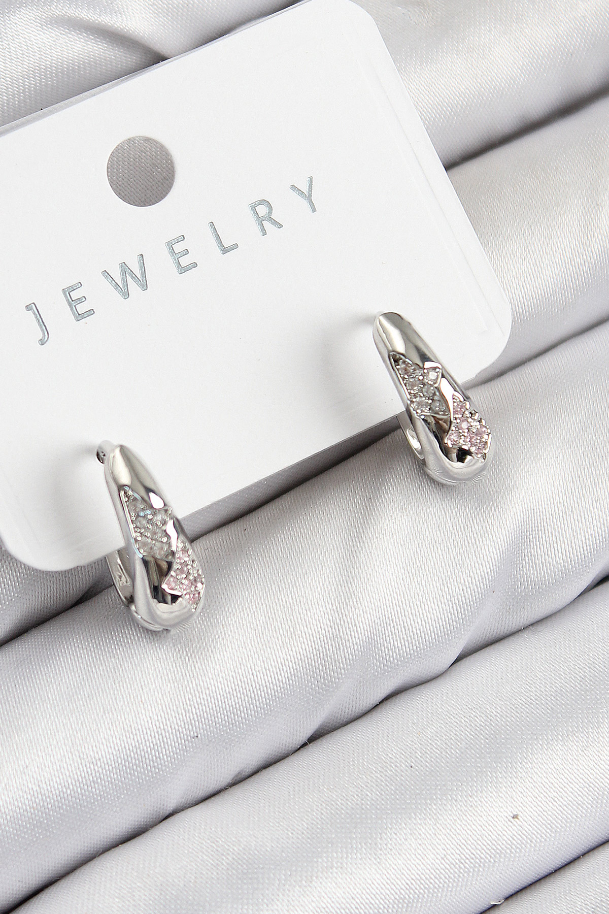 Brass Zirconia Stone Patterned Model Silver Color Female Earrings