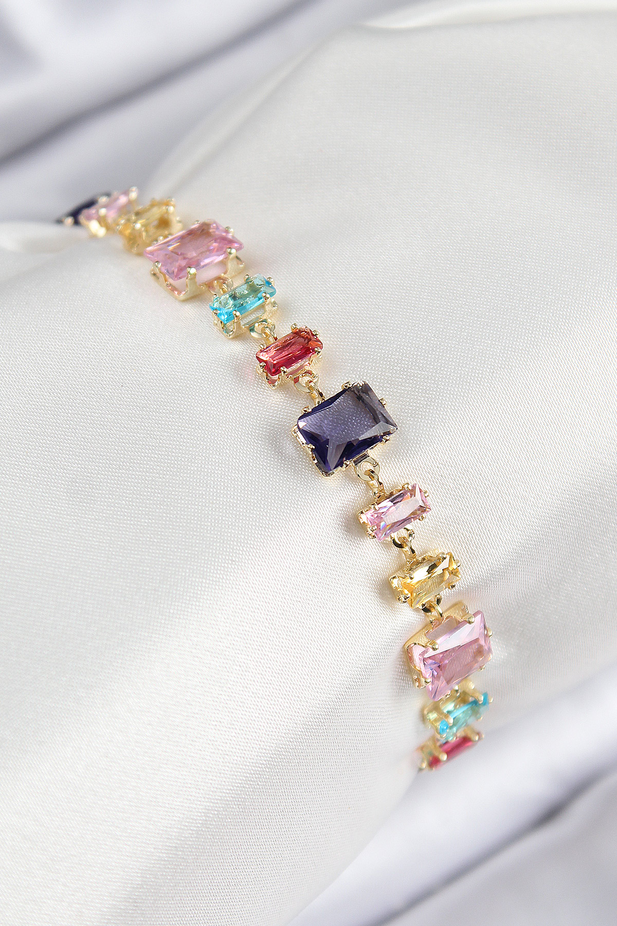 Brass Color Zircon Stone Row Rectangular Model Gold Color Female Bracelet