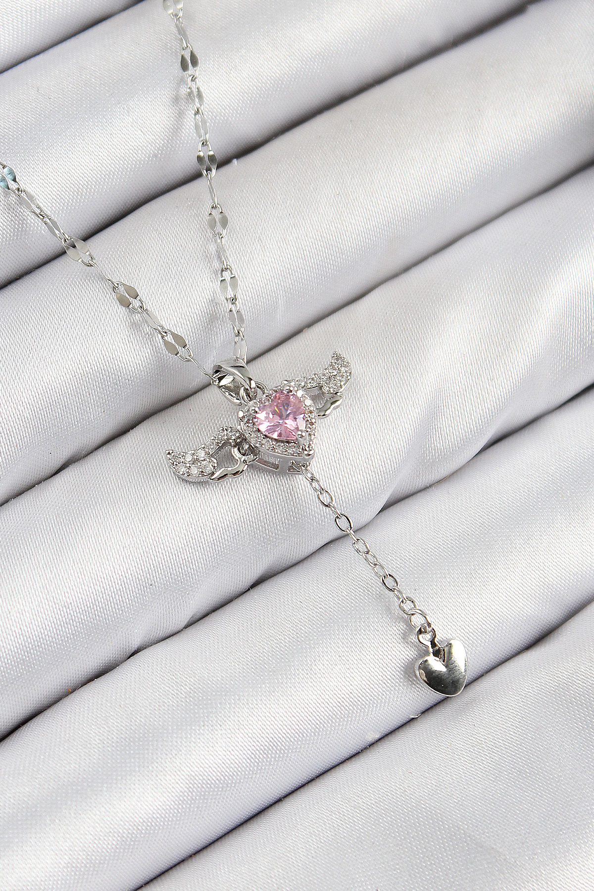316L Steel Zircon Stone Angel Collar Detailed Heart Model Silver Color Female Pendant