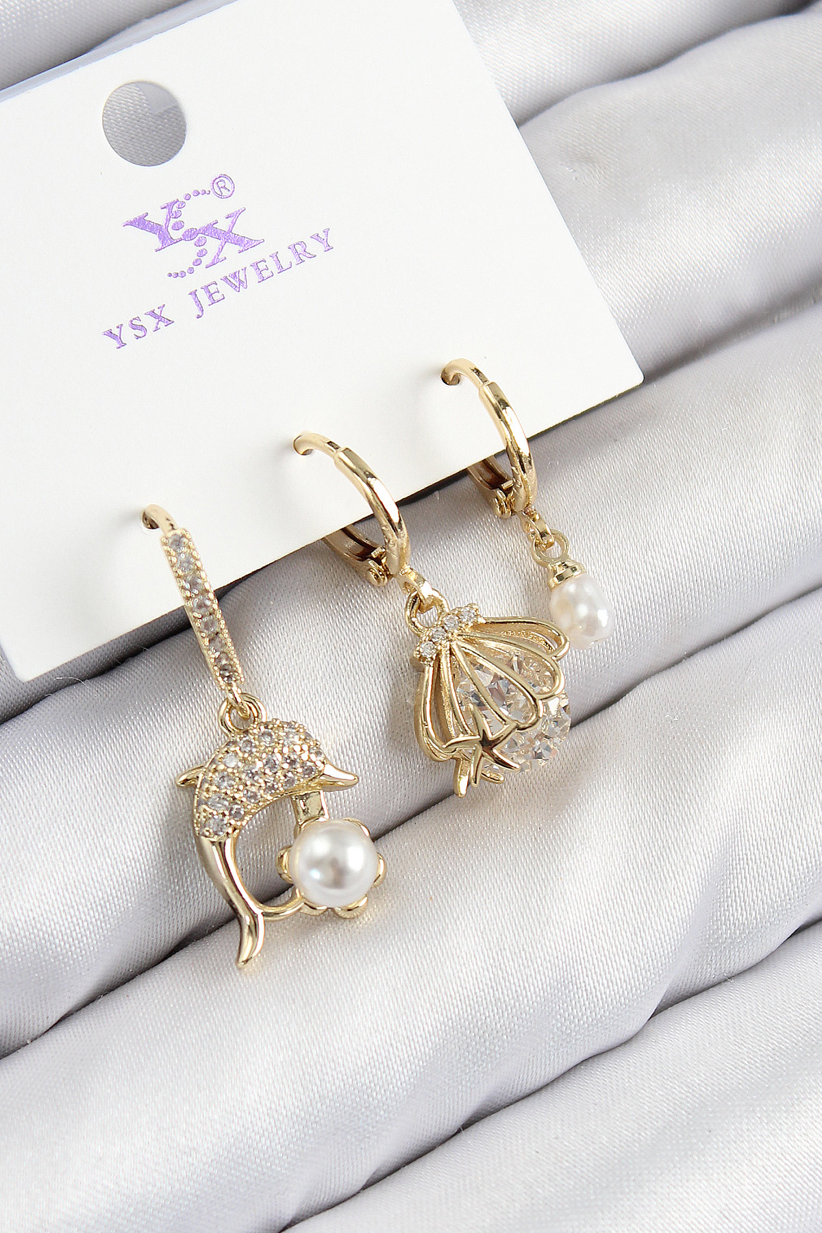 Rice Zircon Stone 3 Dolphin Fish And Oyster Model Gold Color Female Earrings