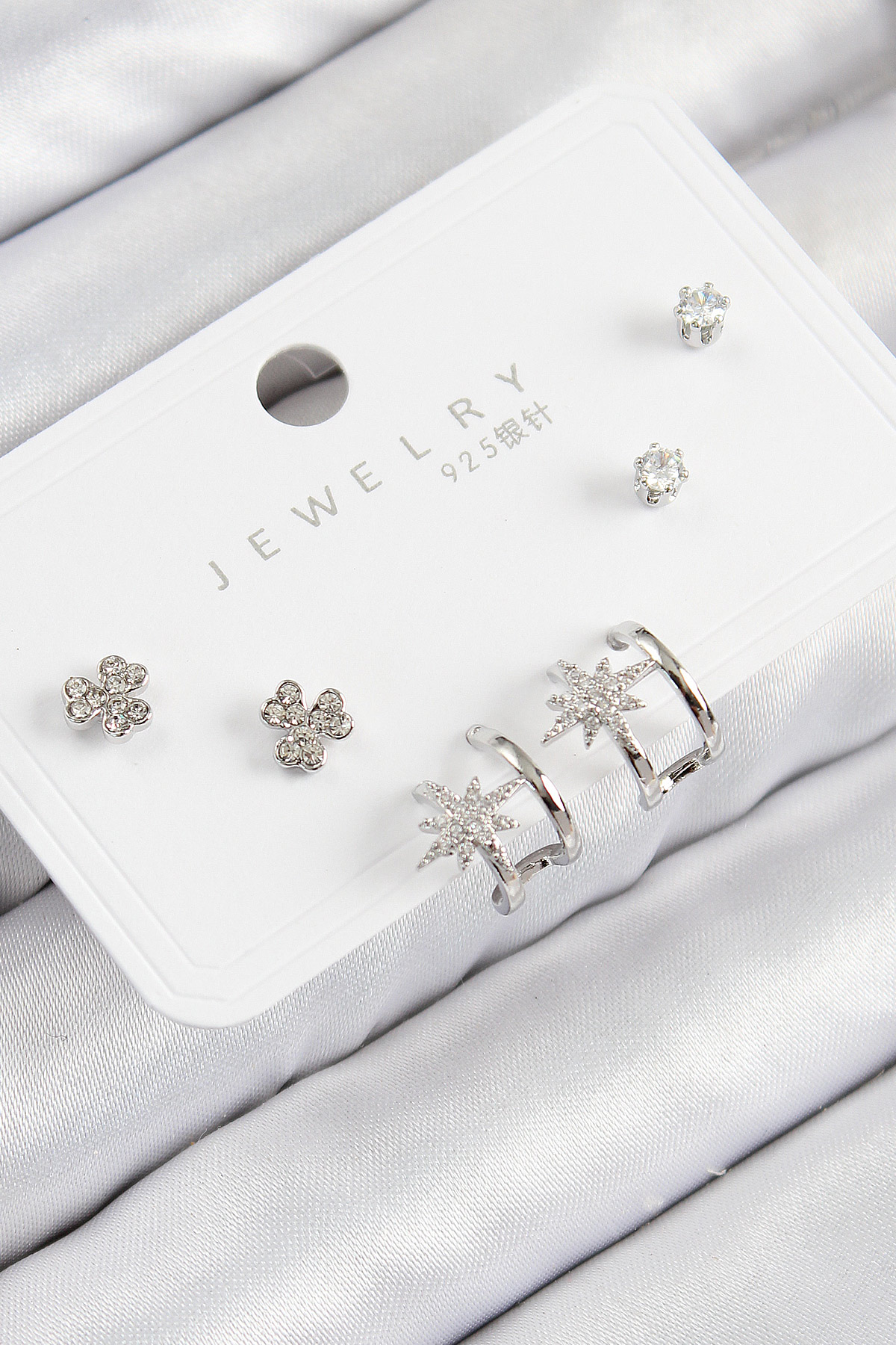 Brass Zircon Stone Pole Star Model Silver Color 925 Adjust Silver Nail Women Earrings Set