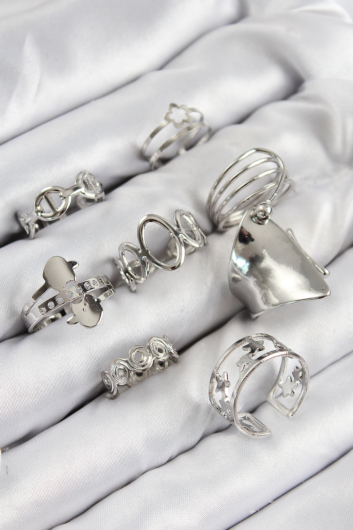 Brass Wrap And Star Model Silver Color Female Ring Kombin Set