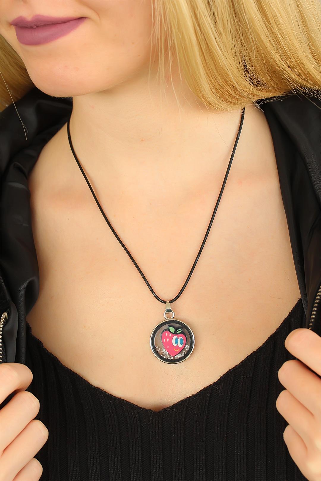 Strawberry Figurized Black Leather Drawstring Lady Necklace