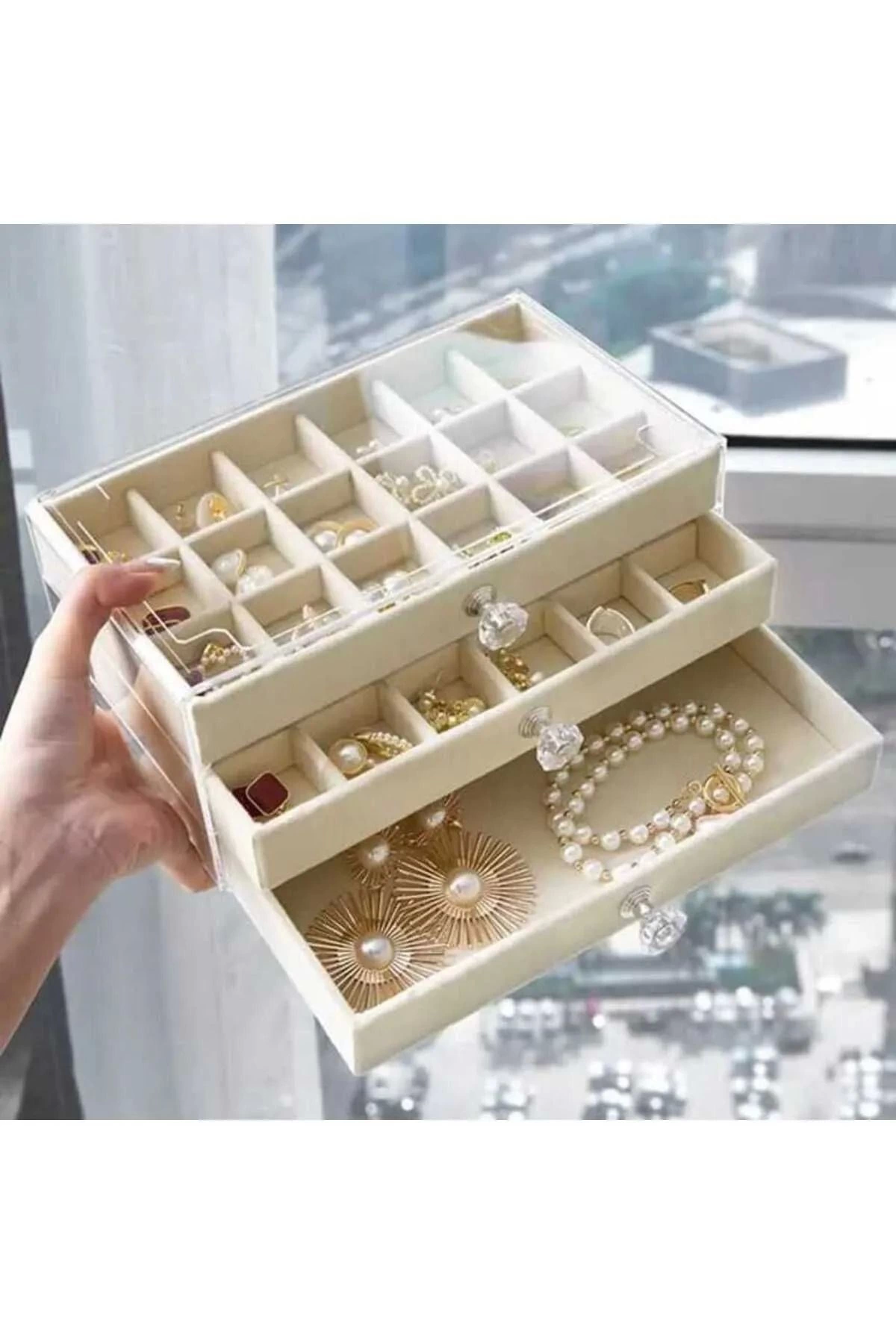 3 Çekmeceli Bölmeli Şeffaf Kadife Mücevher Takı Kutusu Küpe Yüzük Kolye Düzenleyici Organizer