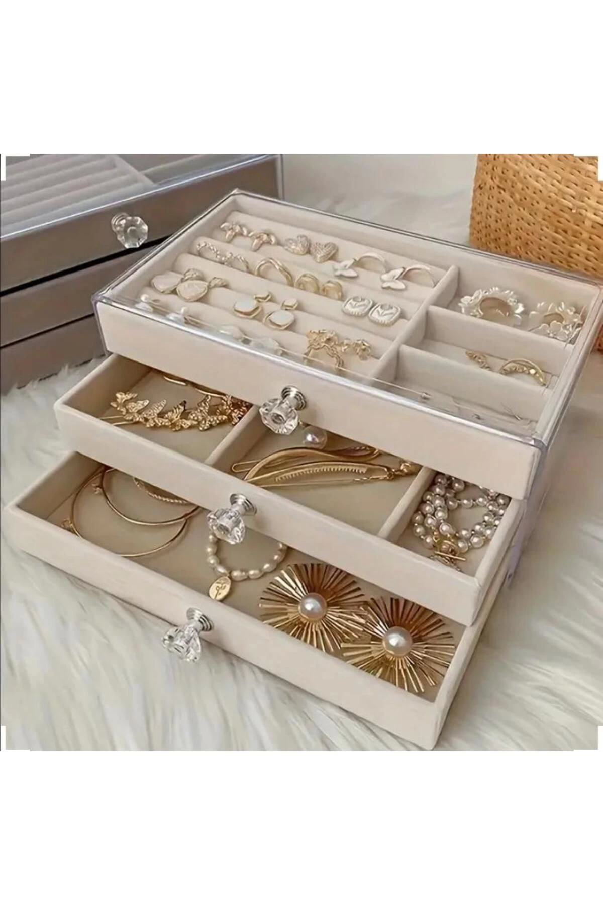 3 Drawer Partition Transparent Jewelry Box  Saklama Jewelry Storage Box Cream Color Option