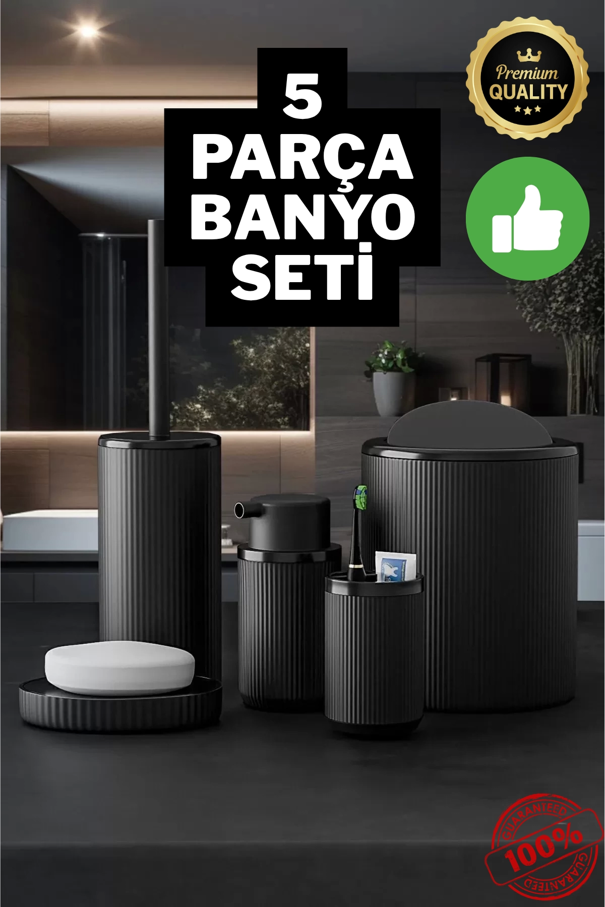 5 Piece Black Stripe Round 5 Eco Bathroom Set Garbage Bucket Toilet Brush Soapy Tooth Brush
