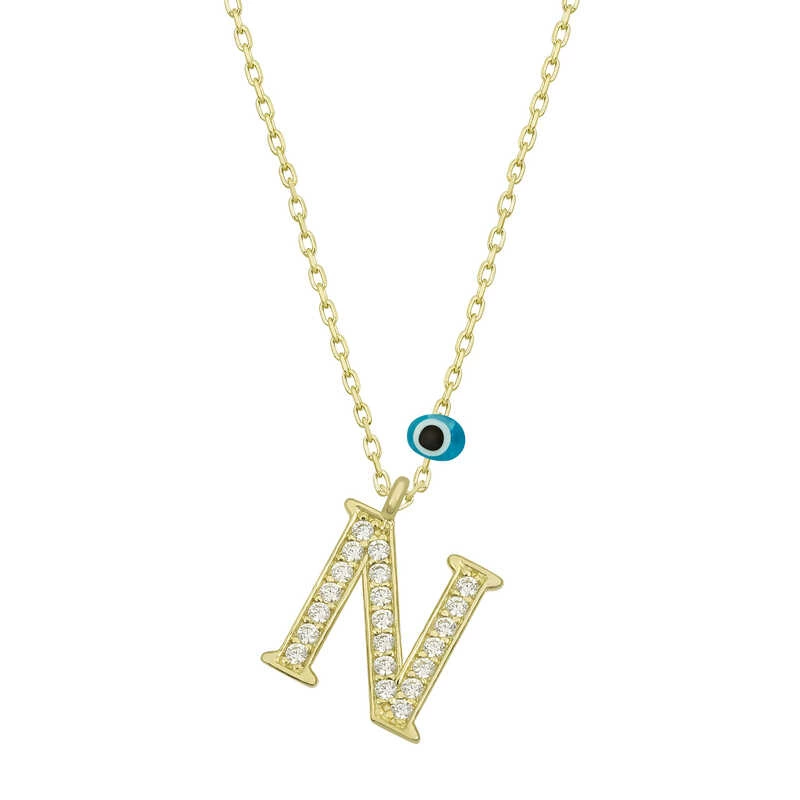 925 Sterling Silver Nazar Gold N Letter Female Silver Necklace (T6790) (336336)