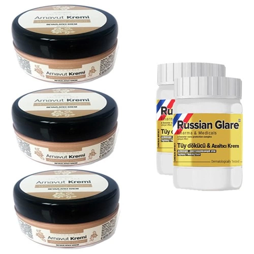 Three Brand Whitening Cream 50 ml Arnavut Kremi Aklık Kremi 3 Adet + Russıan Glare Tüy Dökücü Azaltıcı Merhem 50 ml 2 Adet