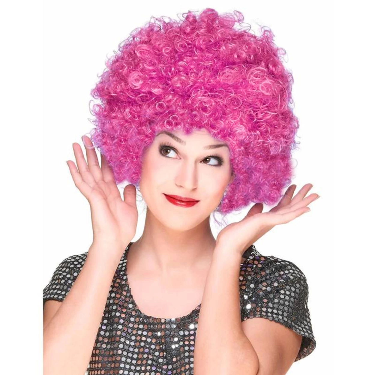 Fuşya Color Curly Afro Bonus Wigs Hair Party Percus